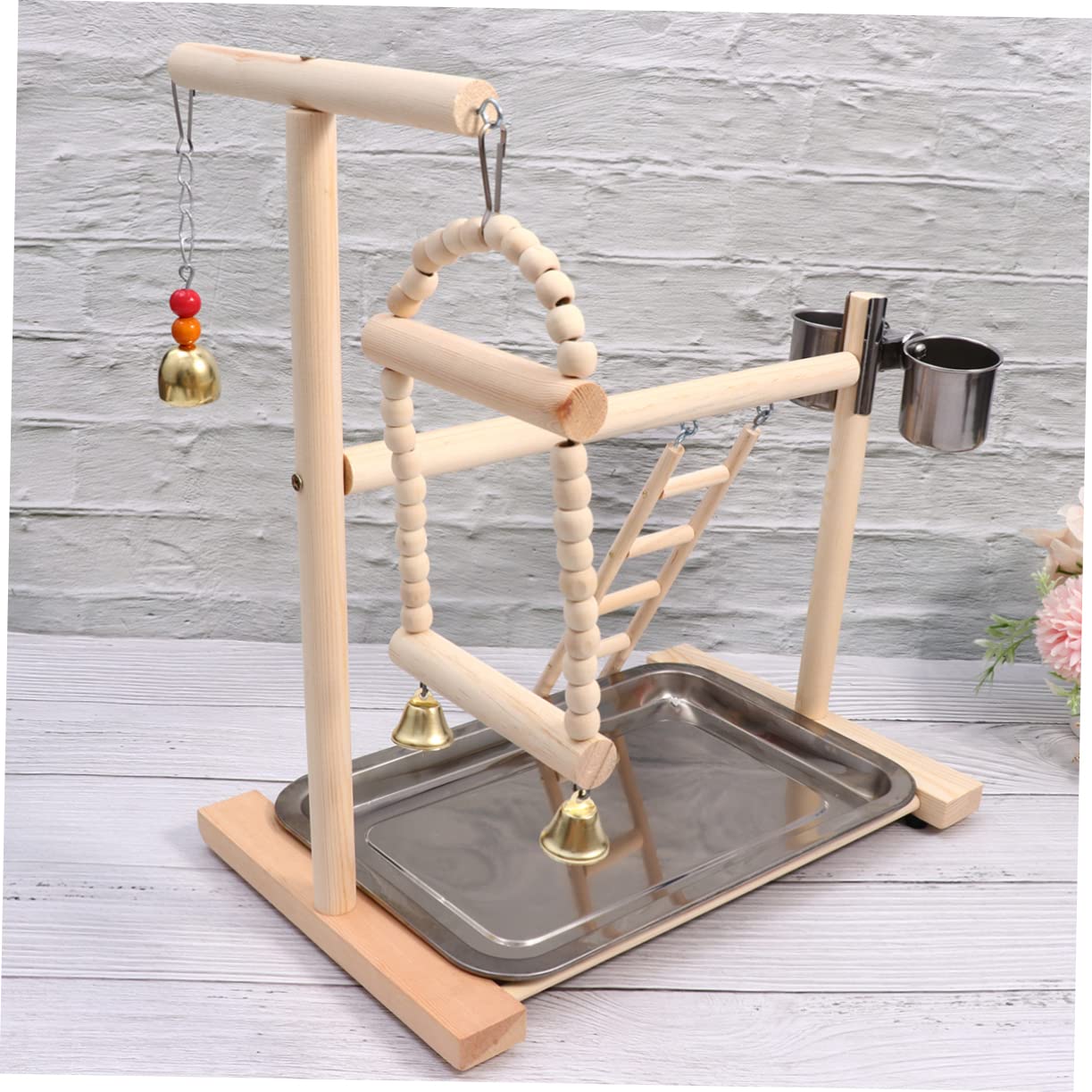 Hemobllo Vogelspielzeug Papageienspielplatz mit Holz und Edelstahl Schaukel und Leiter für Käfig und Garten Wellensittiche Zubehör Käfig Zufällige Farbe