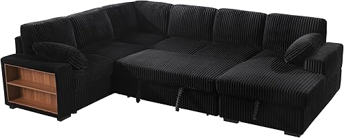 Miniatura 6 de Sofá cama modular convertible en forma de U de gran tamaño con sofá cama extraíble, sofá esquinero tapizado de pana de 6 plazas, sofá cama con diván