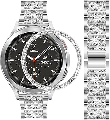 SPINYE Bands Compatible with Samsung Galaxy Watch 4 Classic 46mm, Jewelry Bling Rhinestone Diamonds Metal Bracelet with Bezel Ring Cover Watch Fase Replacement Accessories for Women Men (Silver)