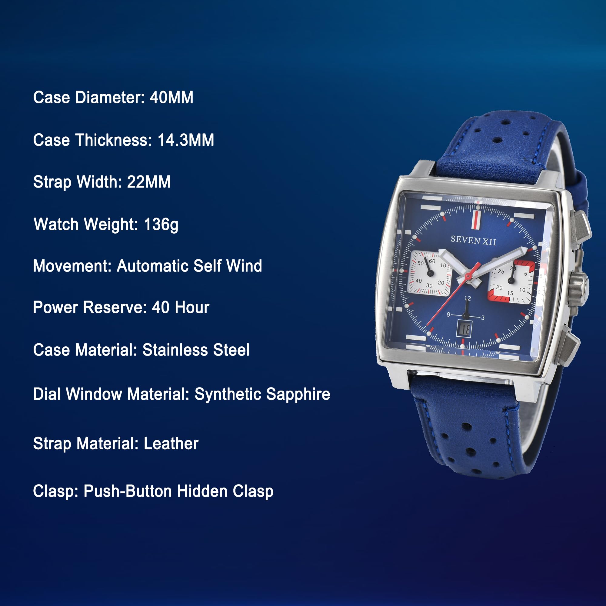 Quadratische Automatik-Chronograph-Uhr für Herren, selbstaufziehend, Saphirglas, Business, klassisch, leuchtend, Sport-Armbanduhr mit Lederband, S003