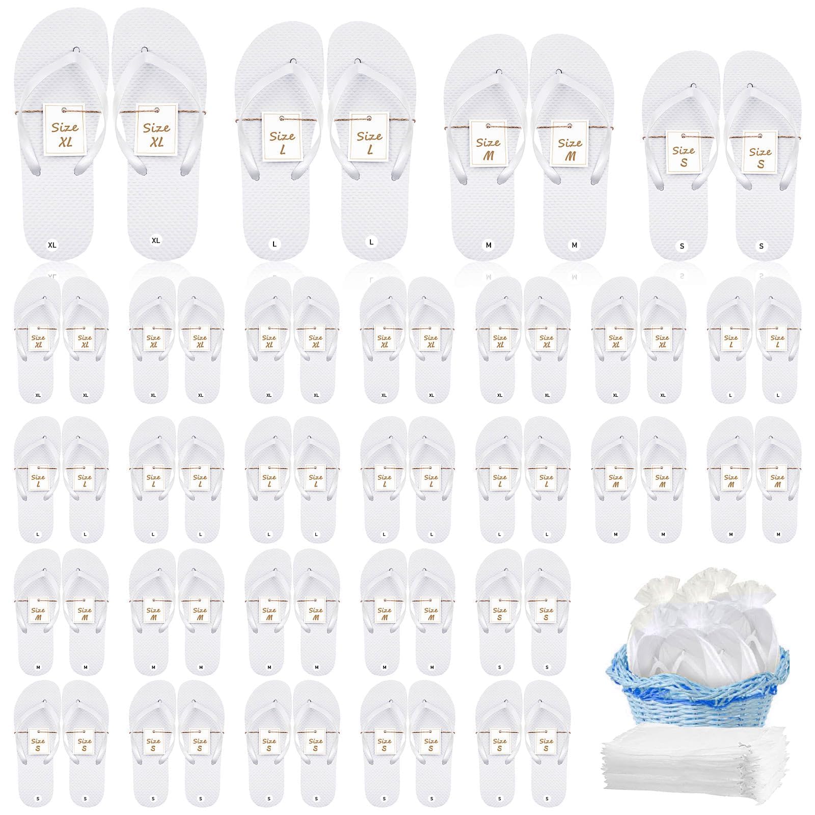 24 paia di infradito per matrimonio, colore bianco, per ospiti, per matrimoni, hotel, spa o feste, comode pantofole con scheda delle taglie e sacchetto di treno