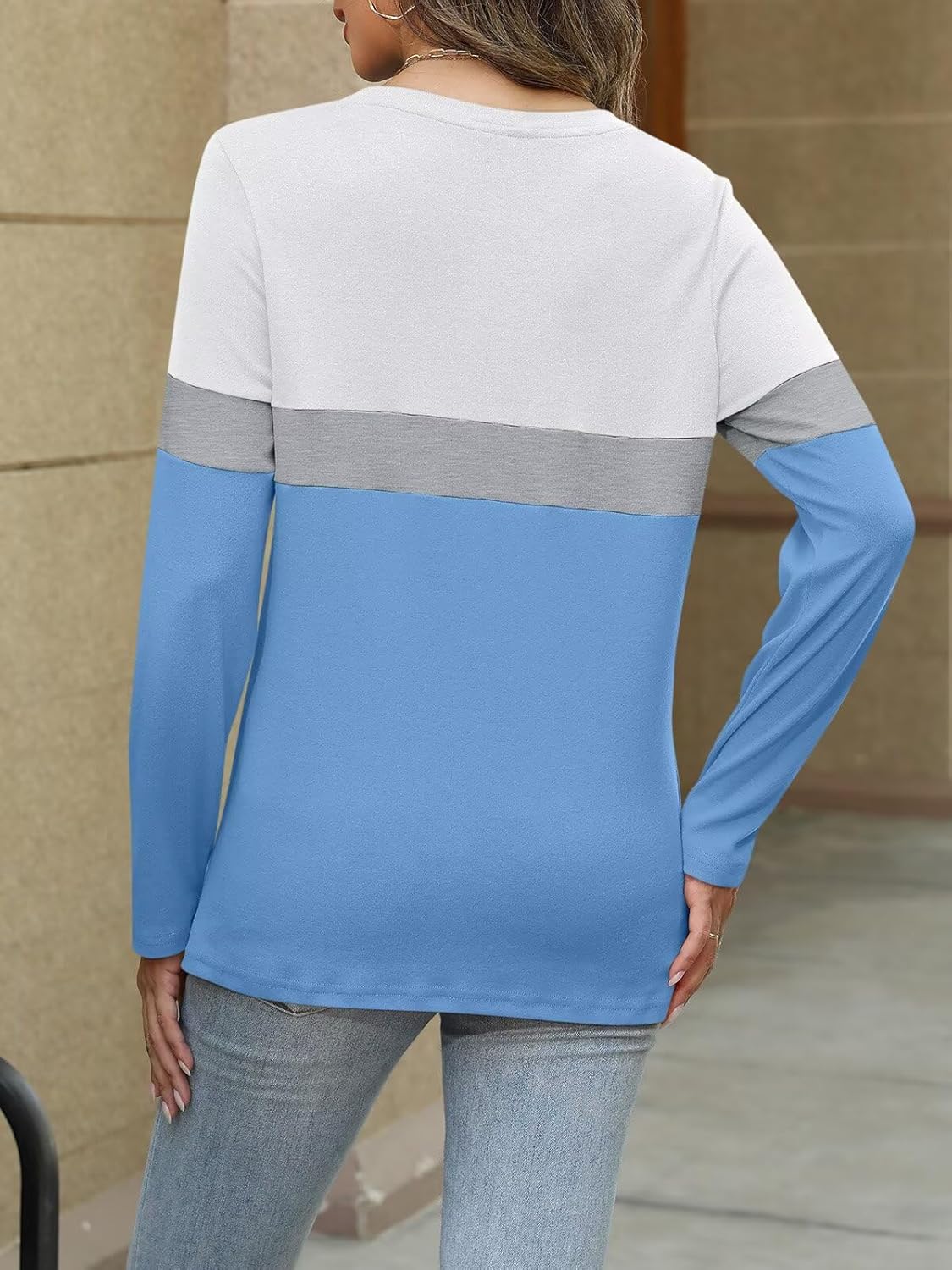 ORANDESIGNE Women's Color Block Long Sleeve Tunics Tops Casual Striped Crew Neck Shirts Loose Blouses - Image 2