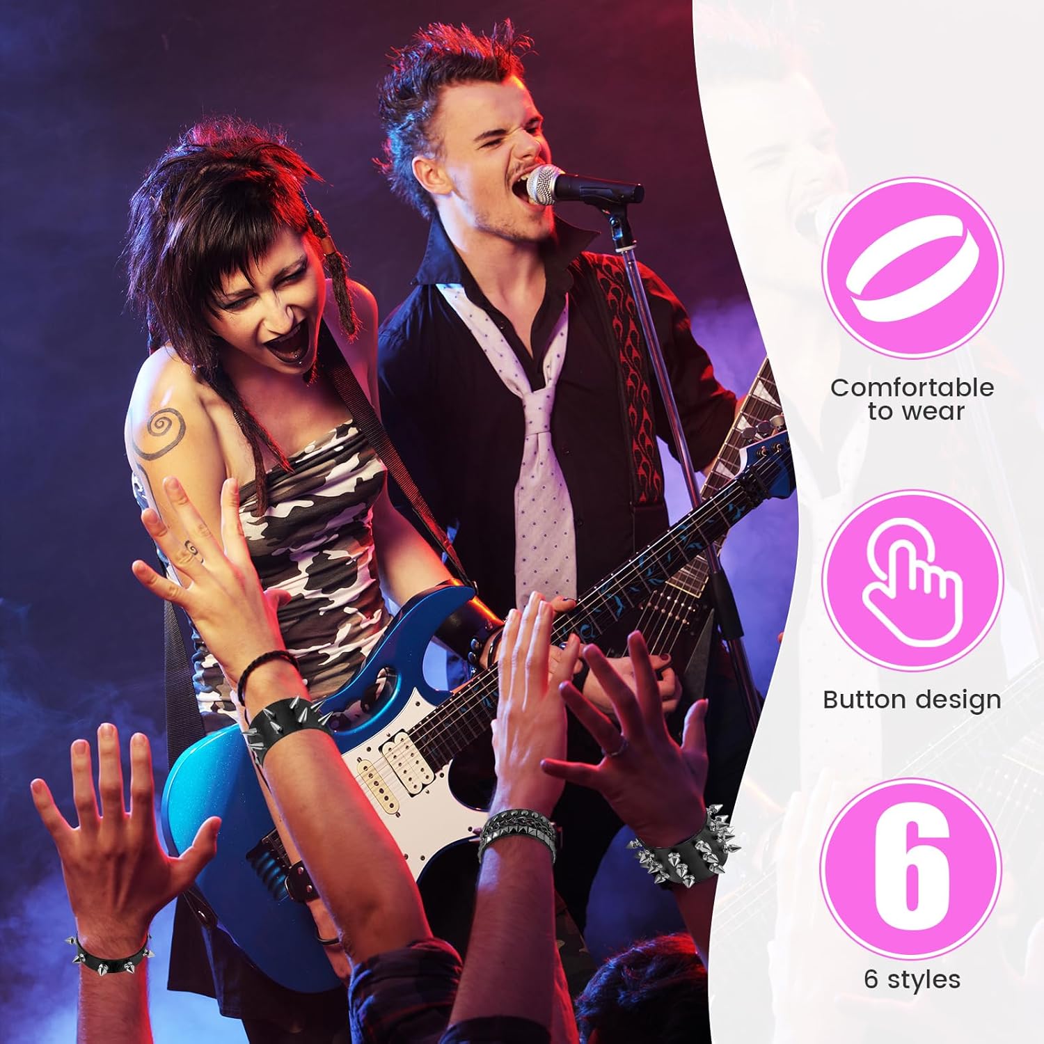 6 Pieces Punk Studded Bracelet,Spiked Leather Rivets Studded Bracelet,Spike Cuff Adjustable Metal Wristband Gothic for Halloween Men Women Accessories - Image 6