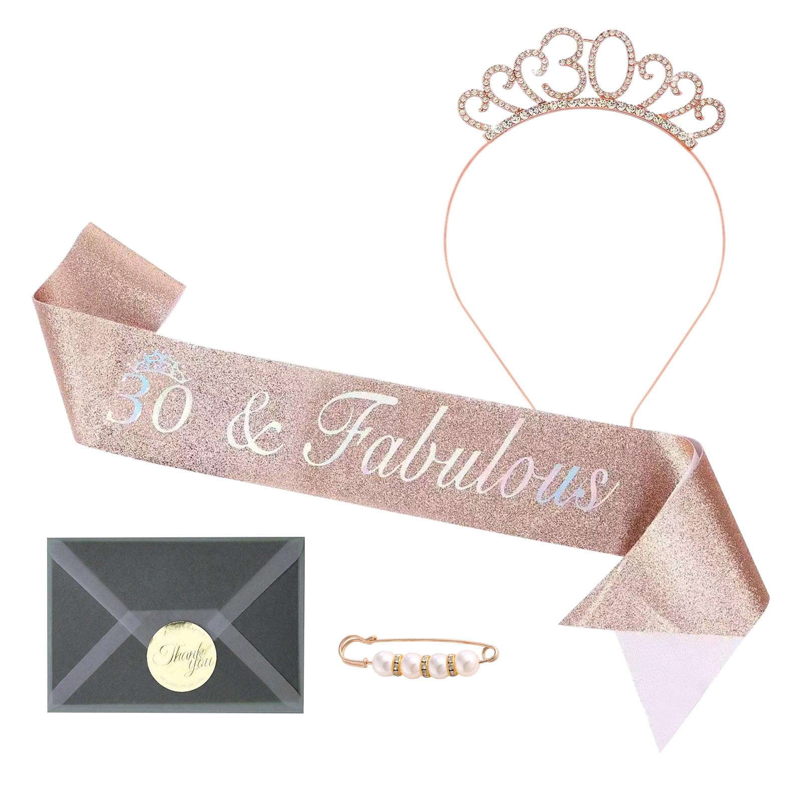 Enyrianx 30th Birthday Sash and Rhinestone Tiara for Women – Rose Gold Happy 30th Birthday Party Decorations for Her, Includes Birthday Card, Envelope, Envelope Seal Stickers, and Pearl Pin