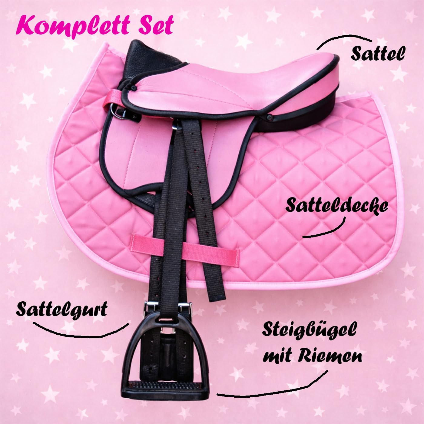 Brama West Juego de silla para shetty infantil "My Little Pony" | Silla para shetty, caballo de madera, caballo de peluche | con funda de silla, cinturón de silla, estribos y correa de estribo - Rosa
