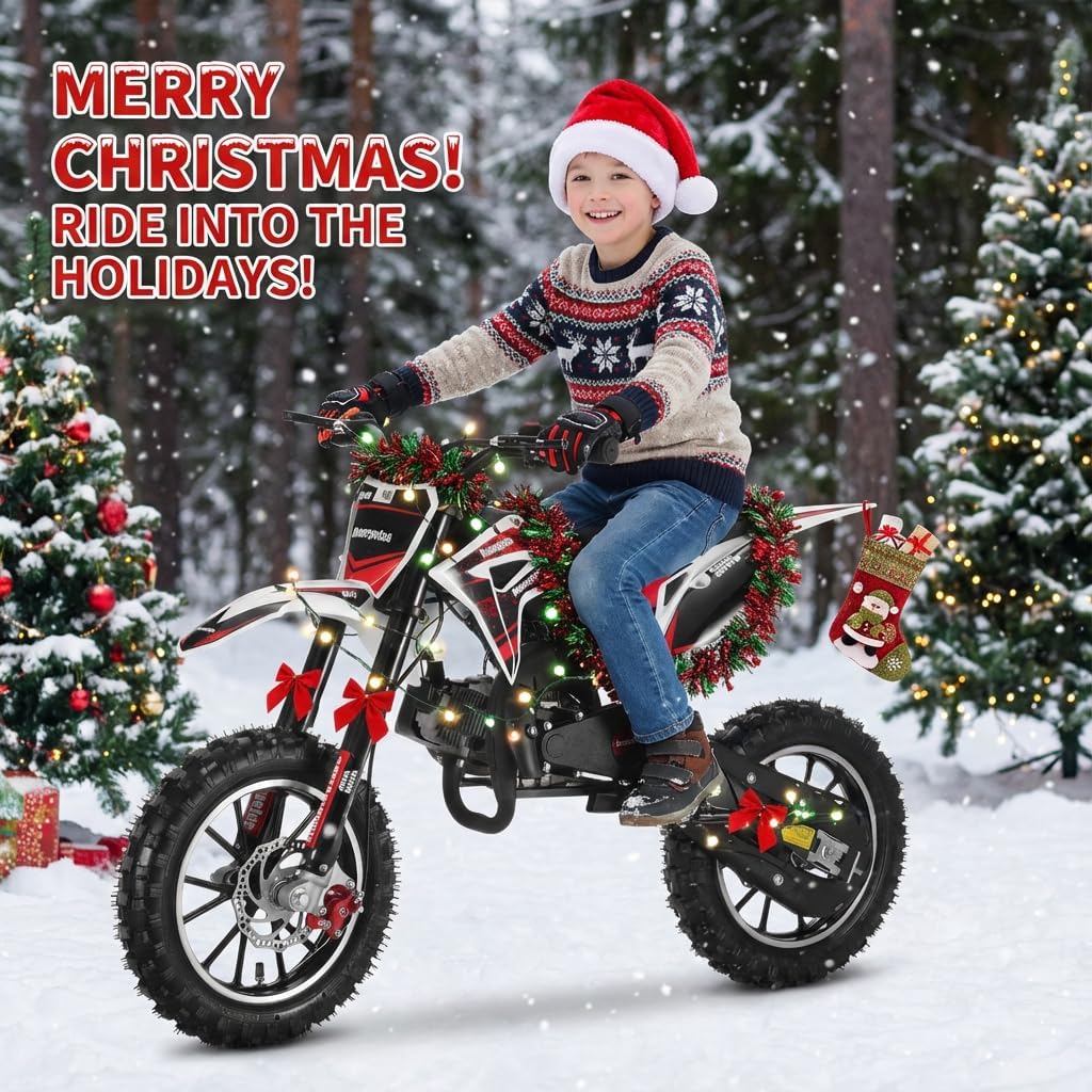 49cc Kids Dirt Bike - Gas-Powered 2-Stroke, Off-Road 10” Tires, Dual Disc Brakes, Upgraded 40x20 Frame, Pull Start Pit Bike, 25MPH Speed, Support up to 330Lbs (Black)