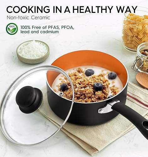 Miniatura 2 de MICHELANGELO Cacerola antiadherente con tapa de 1QT, 2QT y 3QT, juego de cacerolas de cerámica, cacerolas de cobre, cacerola no tóxica, juego de
