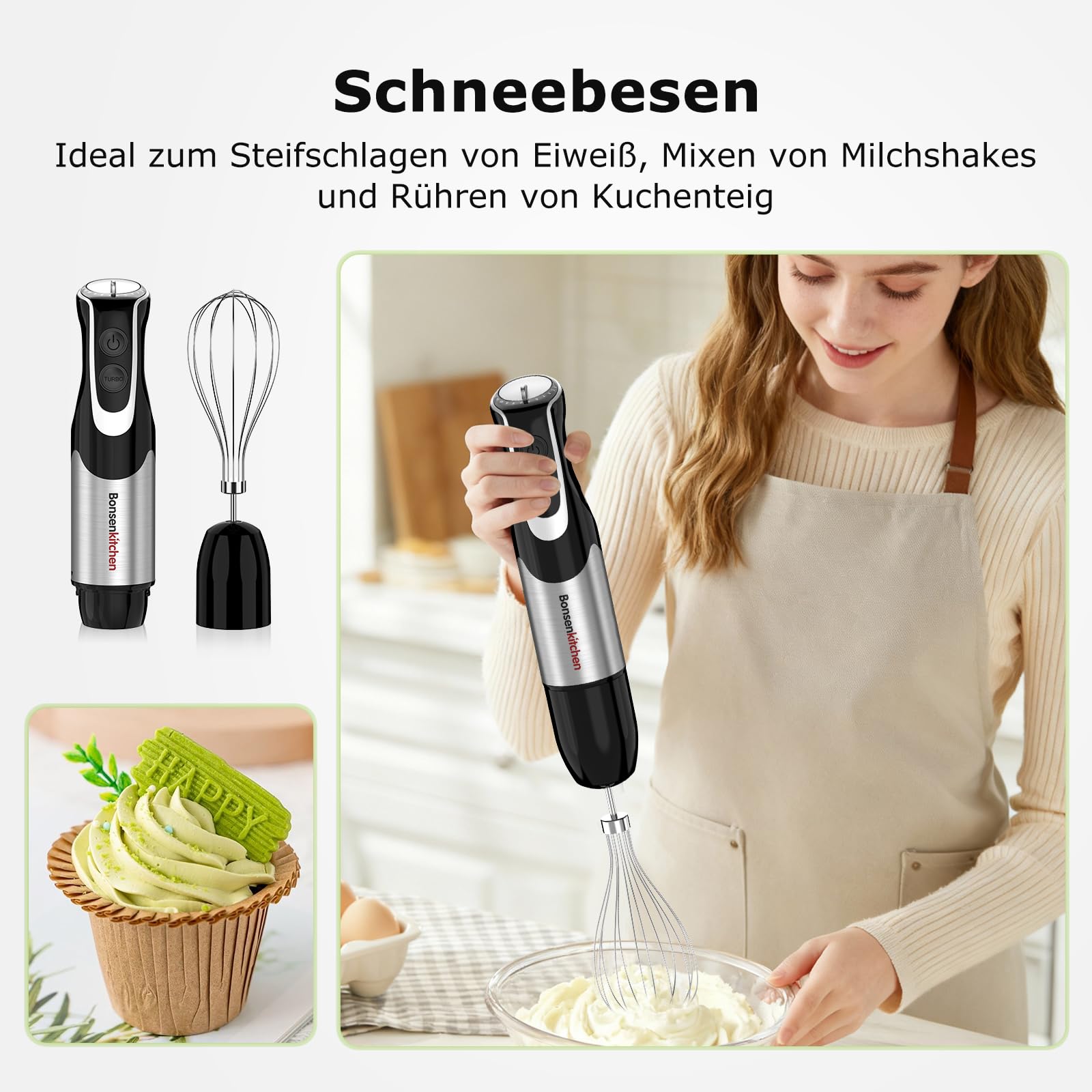 Bonsenkitchen Stabmixer 4-in-1, 1000W Edelstahl mit 12 Stufen Turbo, Schneebesen 700ml Messbecher Lebensmittelhacker, Pürierstab für Babynahrung Suppen Smoothies