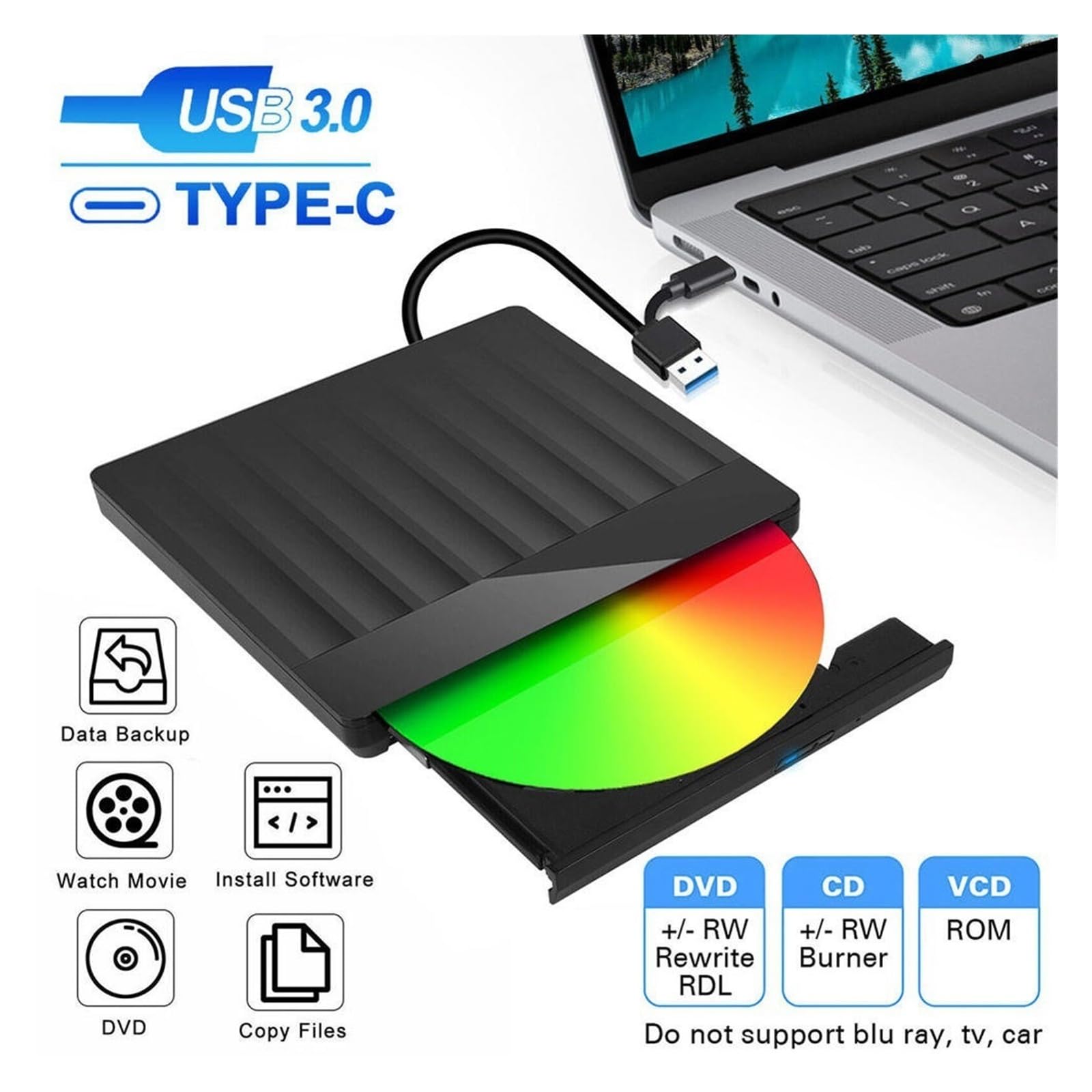 Zewnętrzna Nagrywarka DVD USB3.0+Typ C Czytnik/nagrywarka CD/DVD/Nagrywarka Odtwarzacz PC Uniwersalny Kompaktowy łatwy W UżYciu