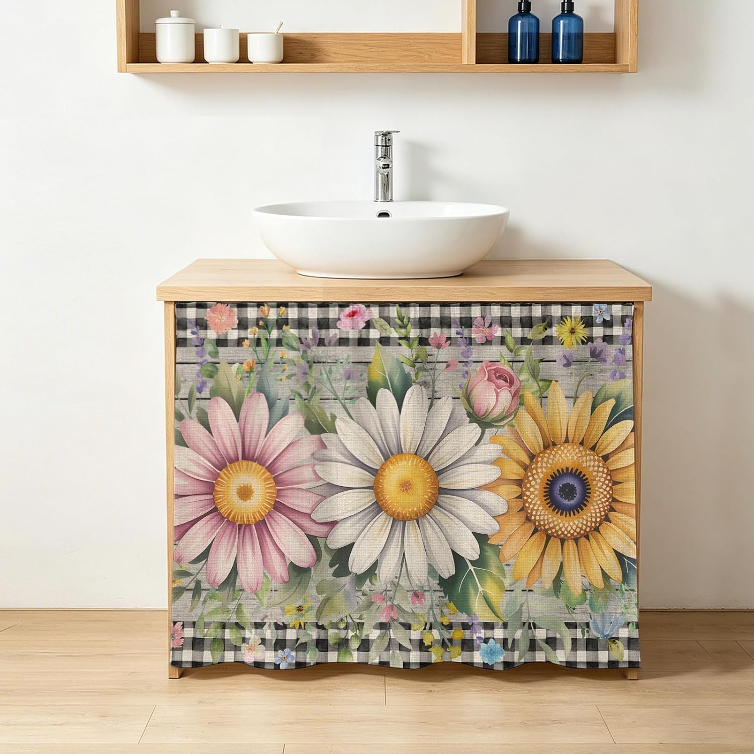 Daisy Cabinet Curtains for Shelves, Spring Pink White Yellow Floral Wood Grain Black Plaid 10" W x 11" L Adhesive Cabinet Curtain with Shelf Curtain for Storage Cubes