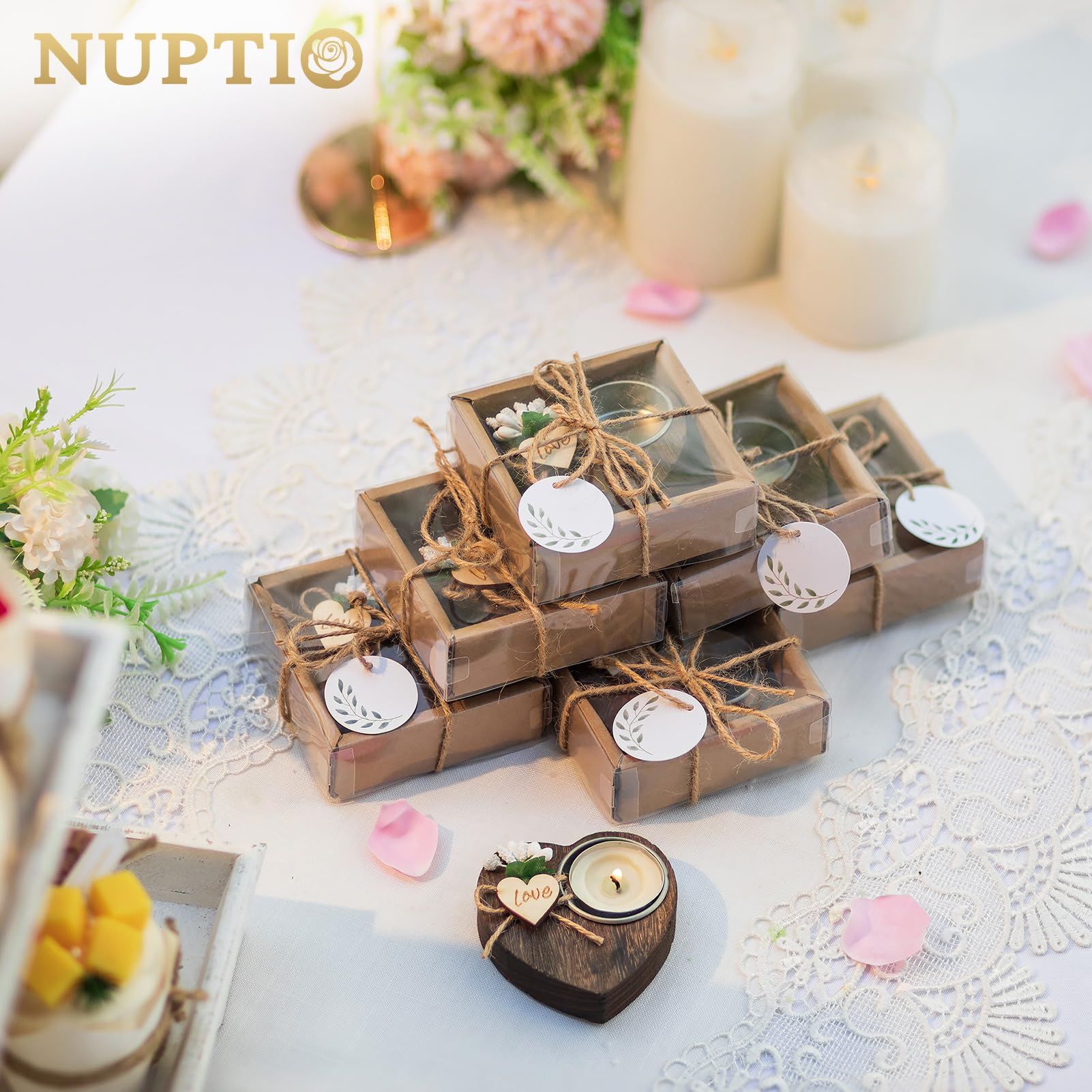 NUPTIO Portavelas de Té de Madera: 20 Piezas Recuerdos de Boda para Los Invitados Portacandelitas de Madera para Bautizo Personalizado Decoración de Mesa Hecha a Mano para Bautizo