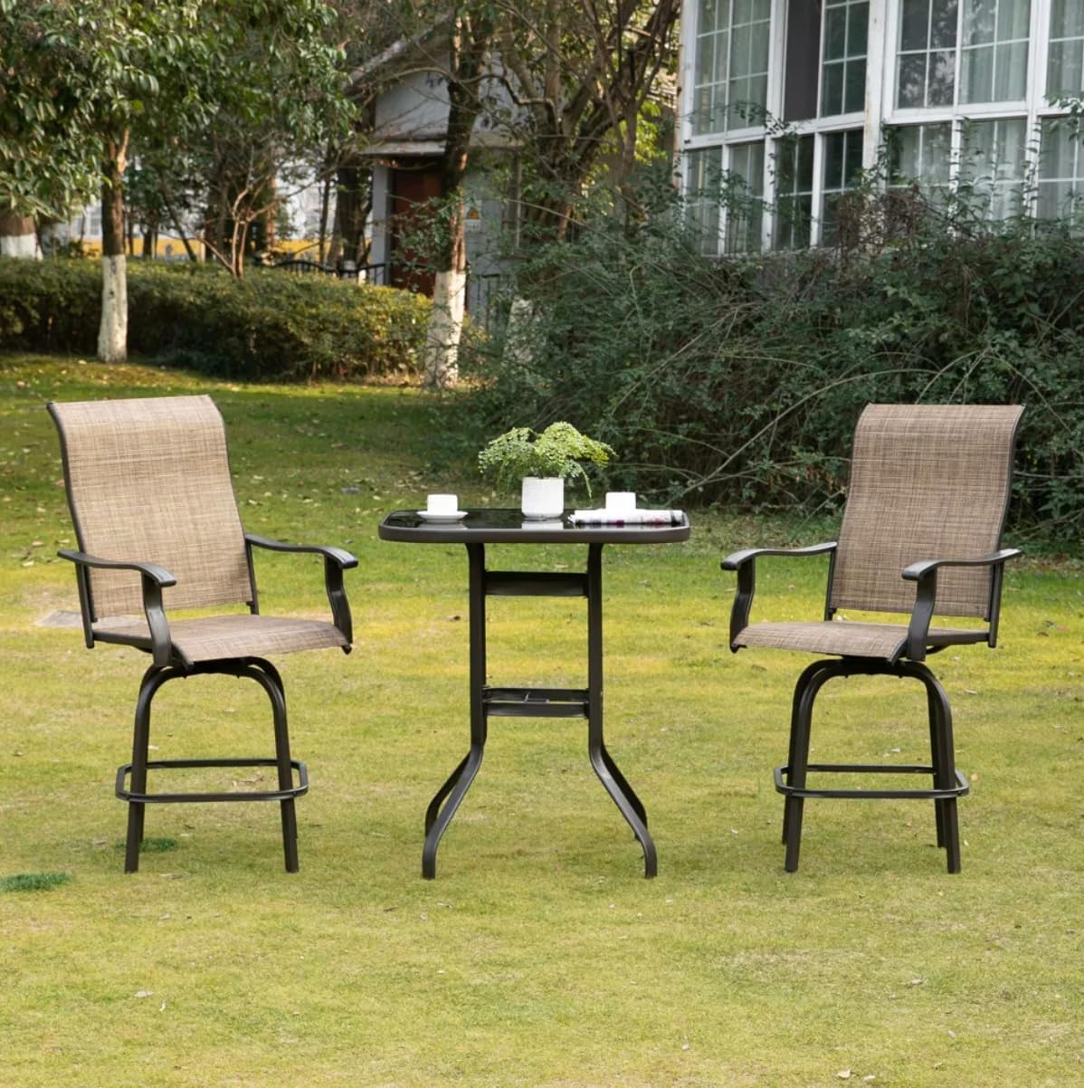 3 Piece Patio Swivel Bar Set, High Top Outdoor Table and Chairs for 2，All Weather Textile Fabric Patio Bar Set for Home, Backyard, Garden, Lawn, Porch (Brown Set of 3)