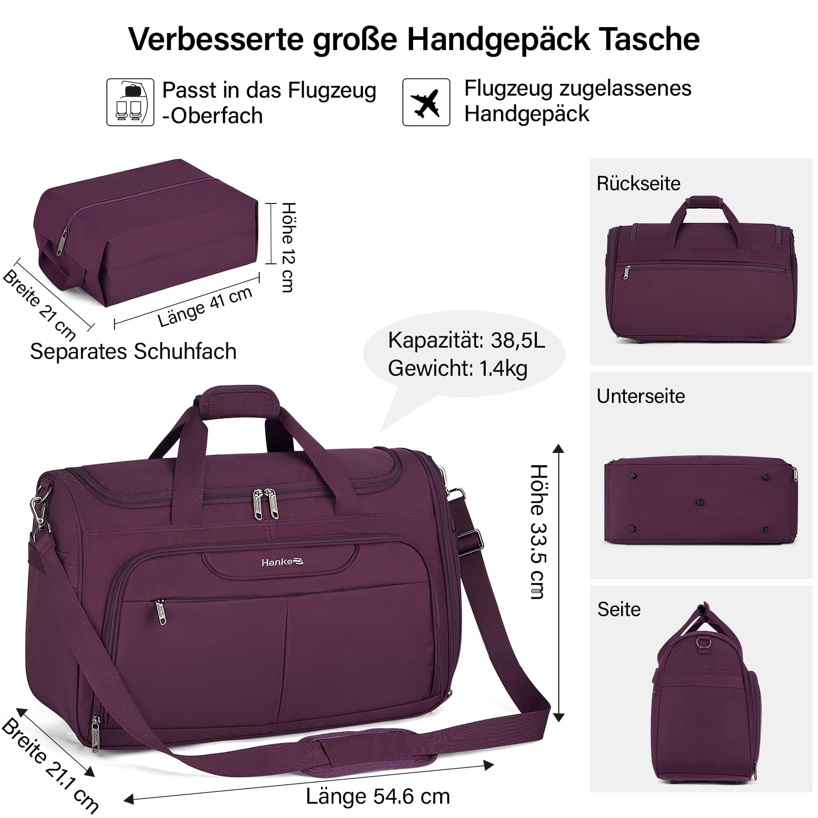 Hanke 36.5L Faltbare Reisetasche Leichte wasserdichte Handgepäck Tasche Sporttasche Damen Carry on Luggage Cabin Bag Gym Bag Travel Bag für Herren Damen, Lila