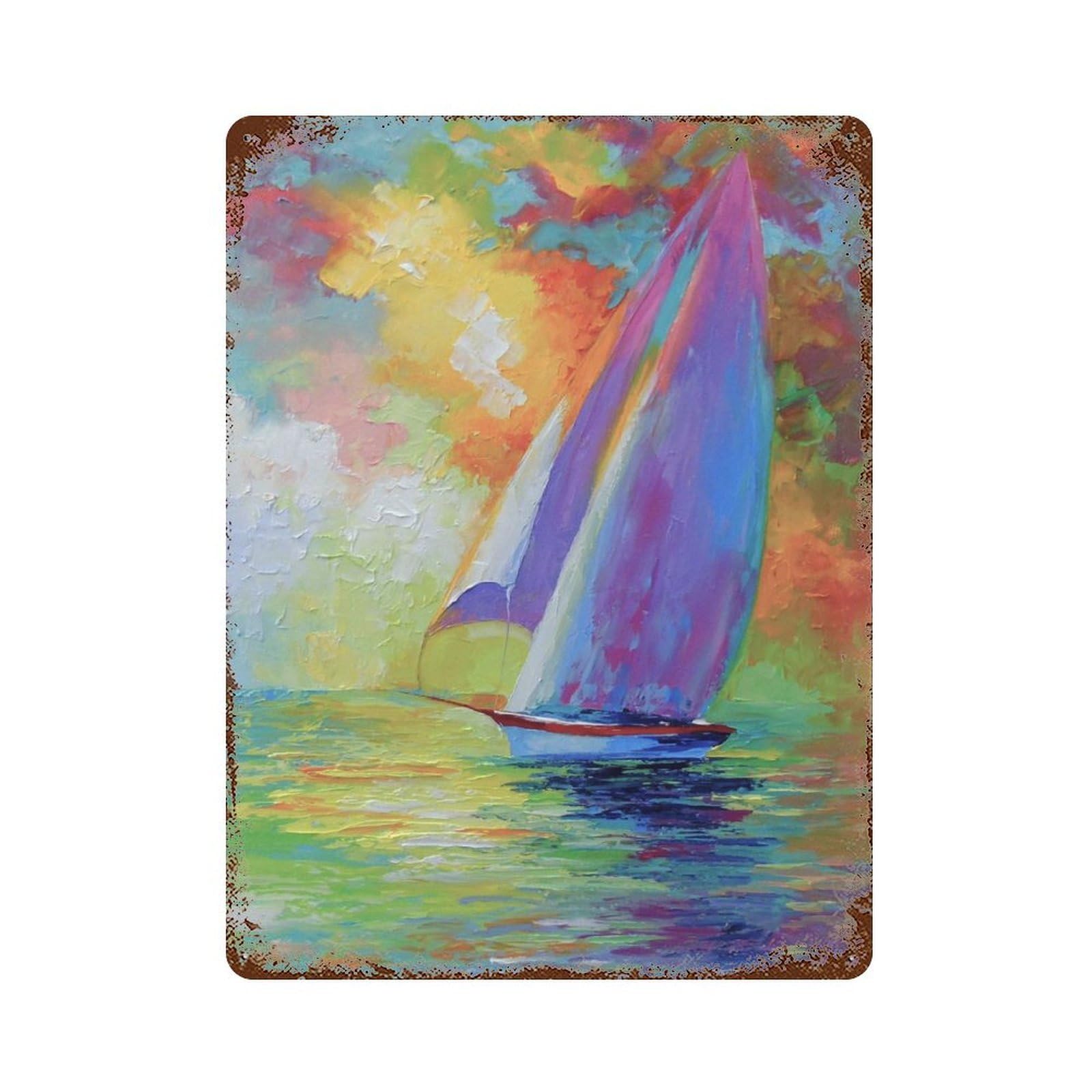 Sailboats in The Sea 15.7"x11.8" Aged Metal Wall Plaque, Retro Wall Decor for Farmhouse, Kitchen And Entryway Decor