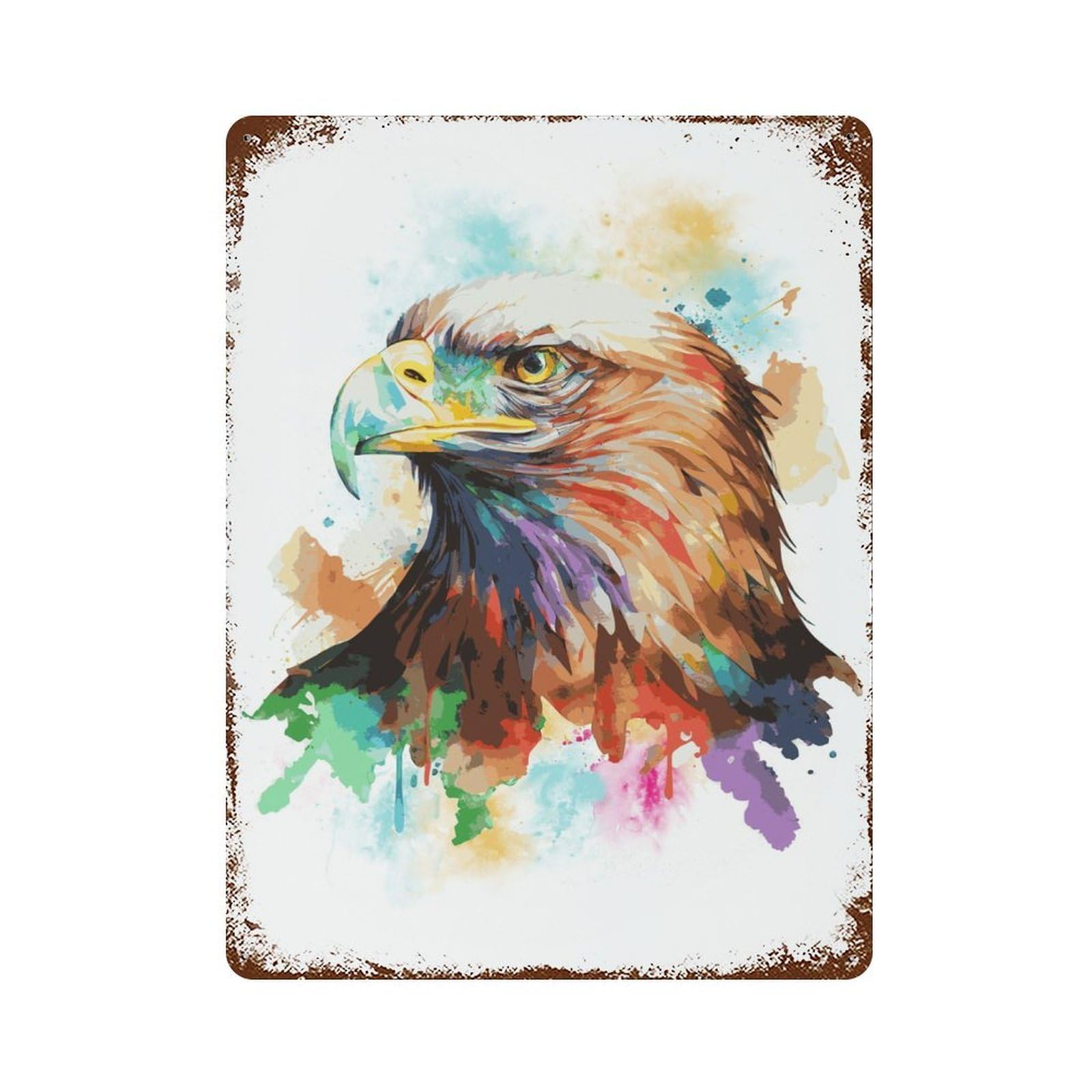 Distressed Metal Wall Sign with Watercolor Bald Eagle Art Design 15.7"x11.8", for Living Room, Hallway And Home Decor, Vintage Wall Decor