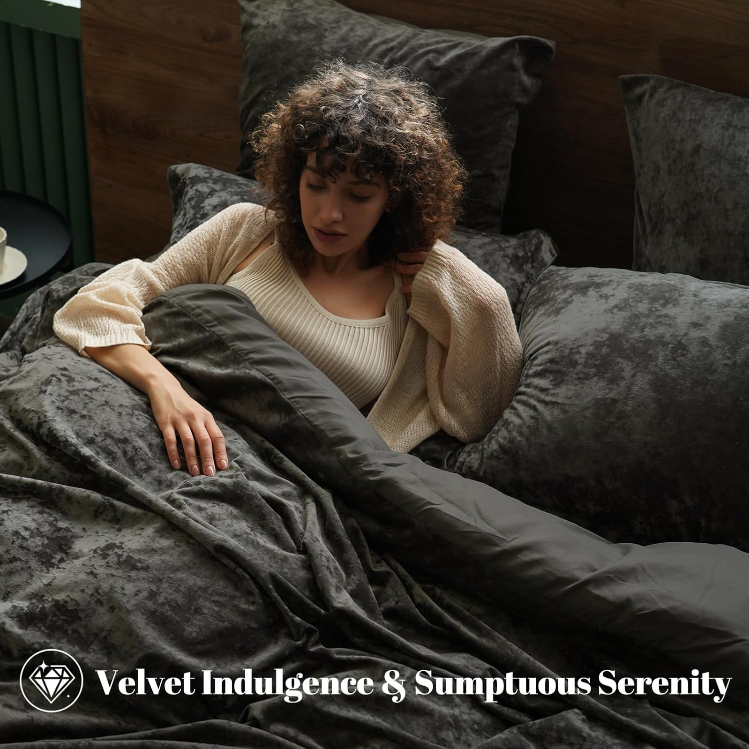 PHF Crushed Velvet Comforter Set King Size, 5-Piece Luxury Winter Bedding Sets with 2 Euro Shams, Heavyweight Warm Fluffy Velvet Bed Spread, Glam Home Decor, Grey - Image 2