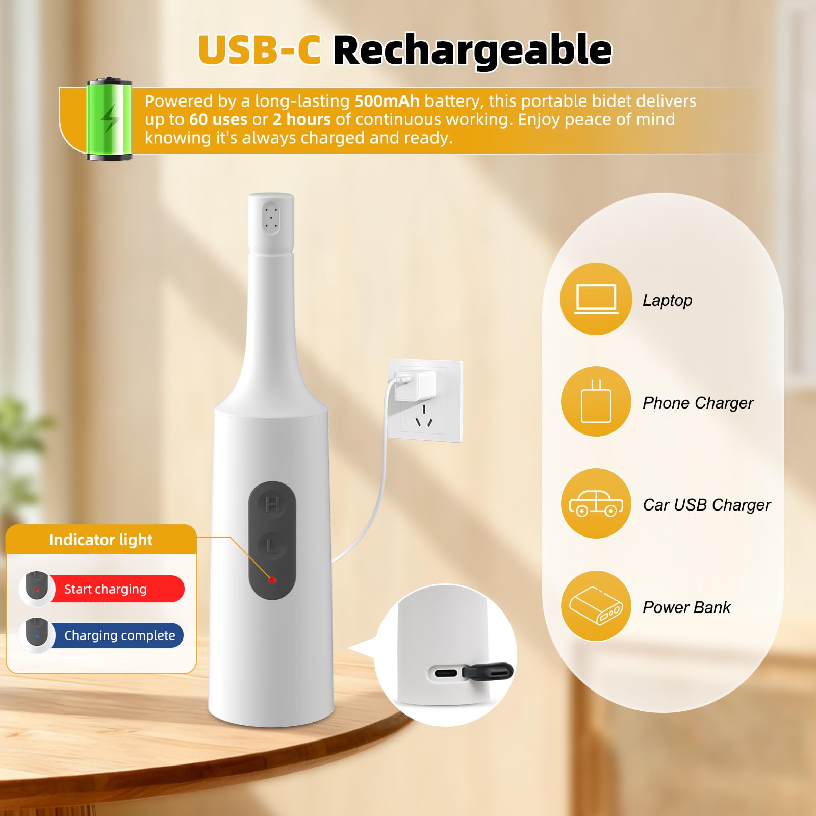 Hibbent Bidet portatile da viaggio, spruzzatore elettrico portatile ad alta pressione, bottiglia espandibile da 350-550 ml per igiene personale, ricaricabile USB-C, impermeabile, bidet da viaggio per