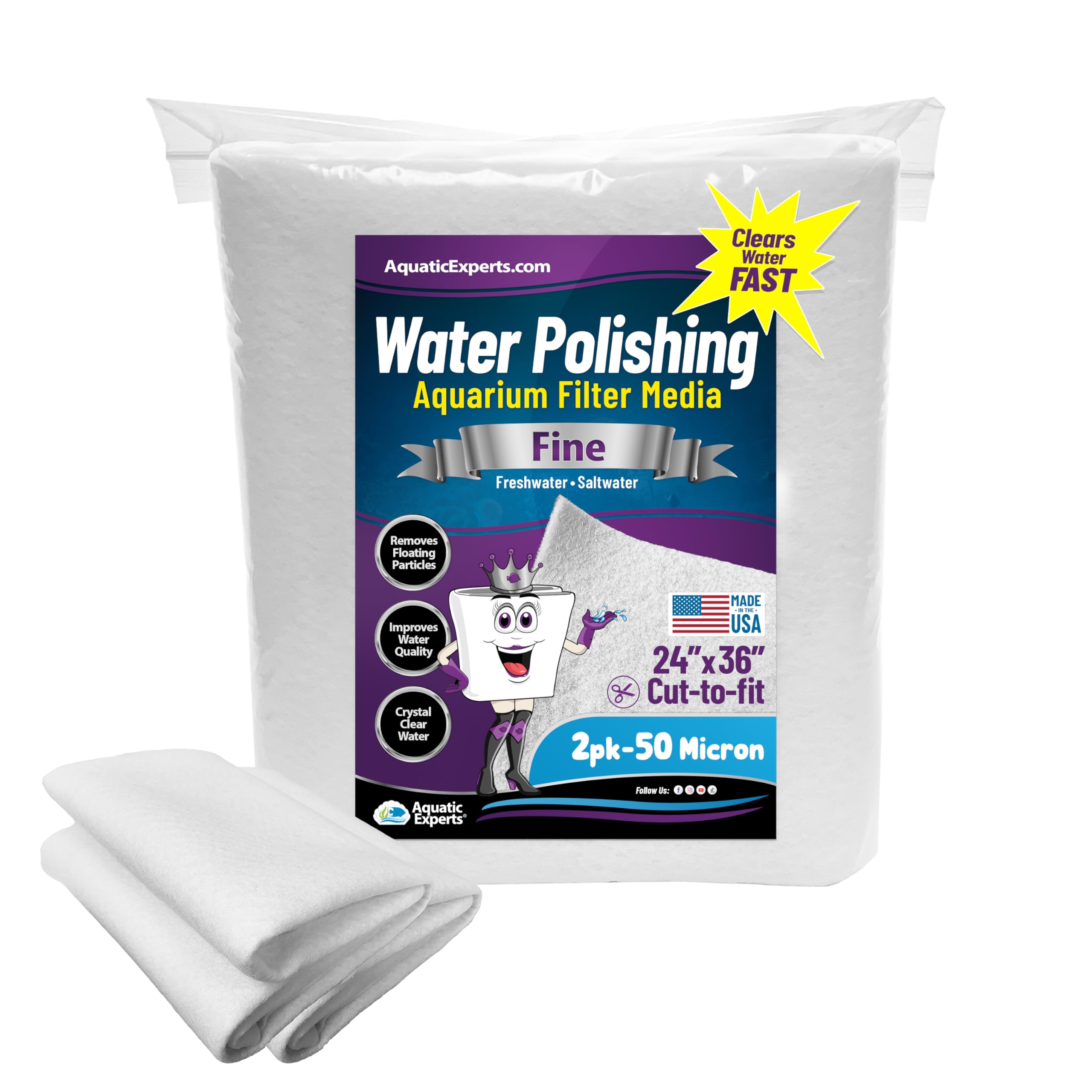 Aquatic ExpertsAquarium Polishing Filter Pad, Water Polishing Pad for Aquarium Filters, Filter Floss for Fish Tank Filters, (50 Micron, 24" x 36" - 2 Pack)