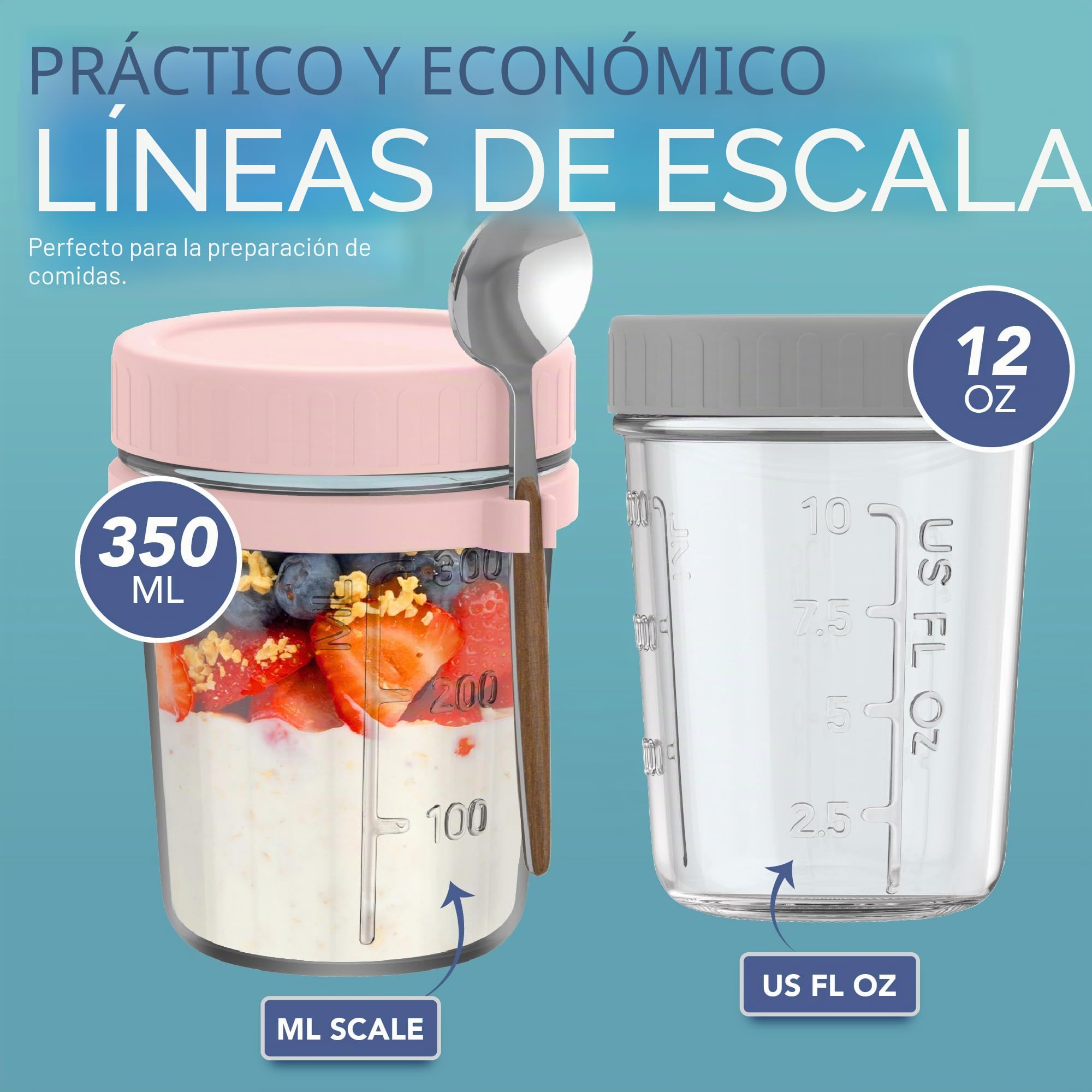 HEFTMAN Tarros de vidrio para avena nocturna con tapas, paquete de 4 tarros de avena nocturna de 350ml con cucharas y tapas de plástico coloridas herméticas, ollas de desayuno seguras para alimentos
