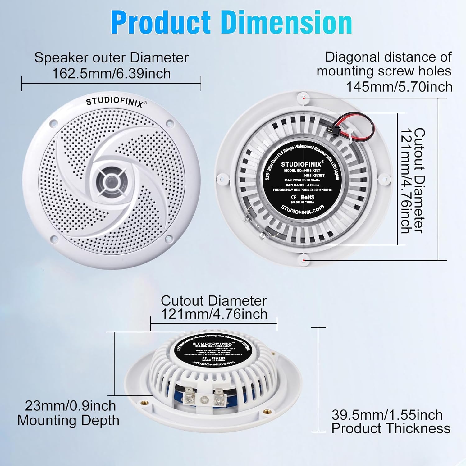 STUDIOFINIX 5.25" Waterproof Marine Speakers - 160W 2-Way Weather Resistant Outdoor Boat Audio with LED Lights, Low Profile Slim Style Suitable for Boat, RV, ATV, UTV, Golf Cart (2 Speakers, White)