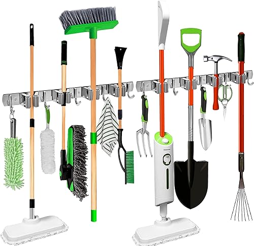 Miniatura 2 de NUHATOP Paquete de 2 soportes de pared para escobas 4 clips y 5 ganchos acero inoxidable organizador de trapeador y escoba antideslizante