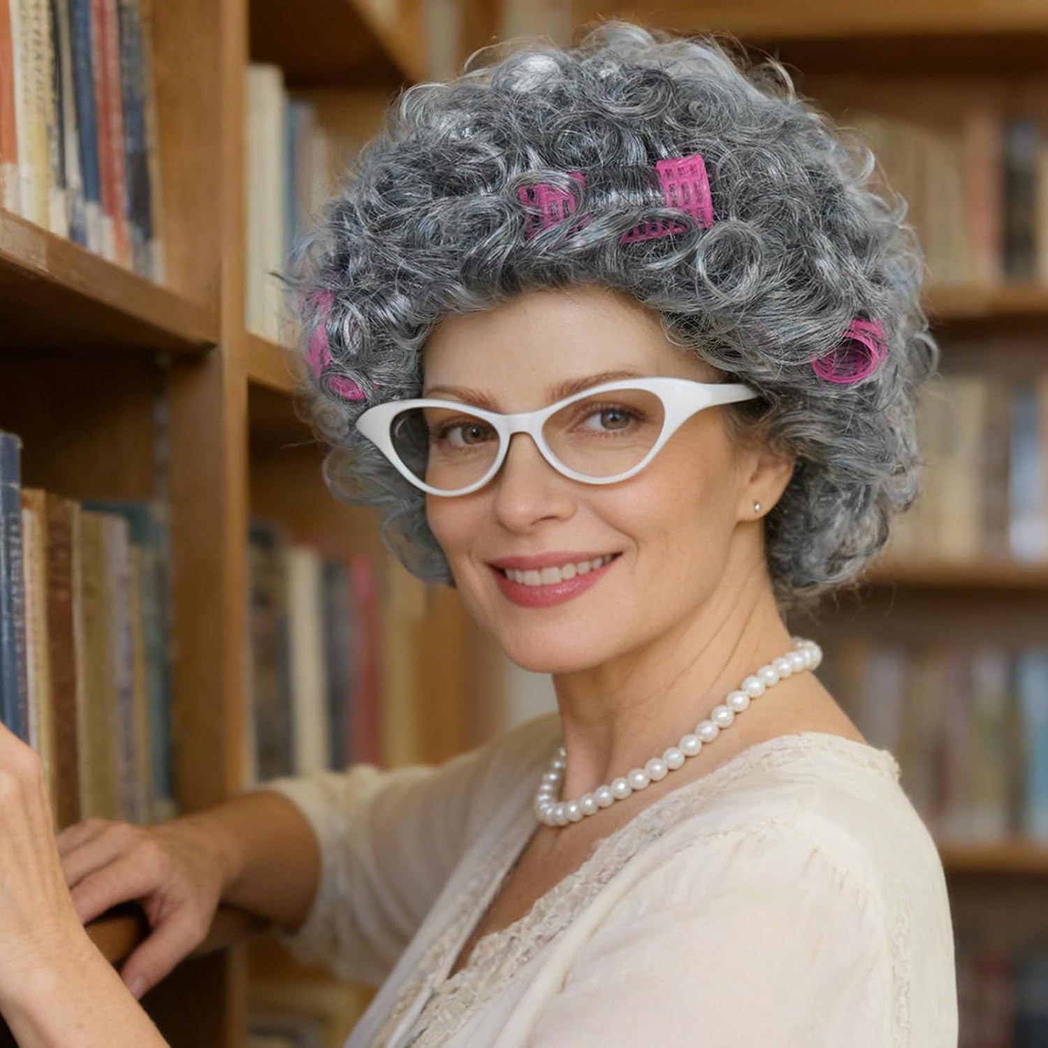 JoneTing Old Lady Wig【+ Hair Cap + White Glasses + Pearl Necklace with Hair Rollers】 Short Silver Gray Curly Wigs for Adults Granny Wig 100 Days of School Costume for Halloween Christmas Party Oufit - Image 3
