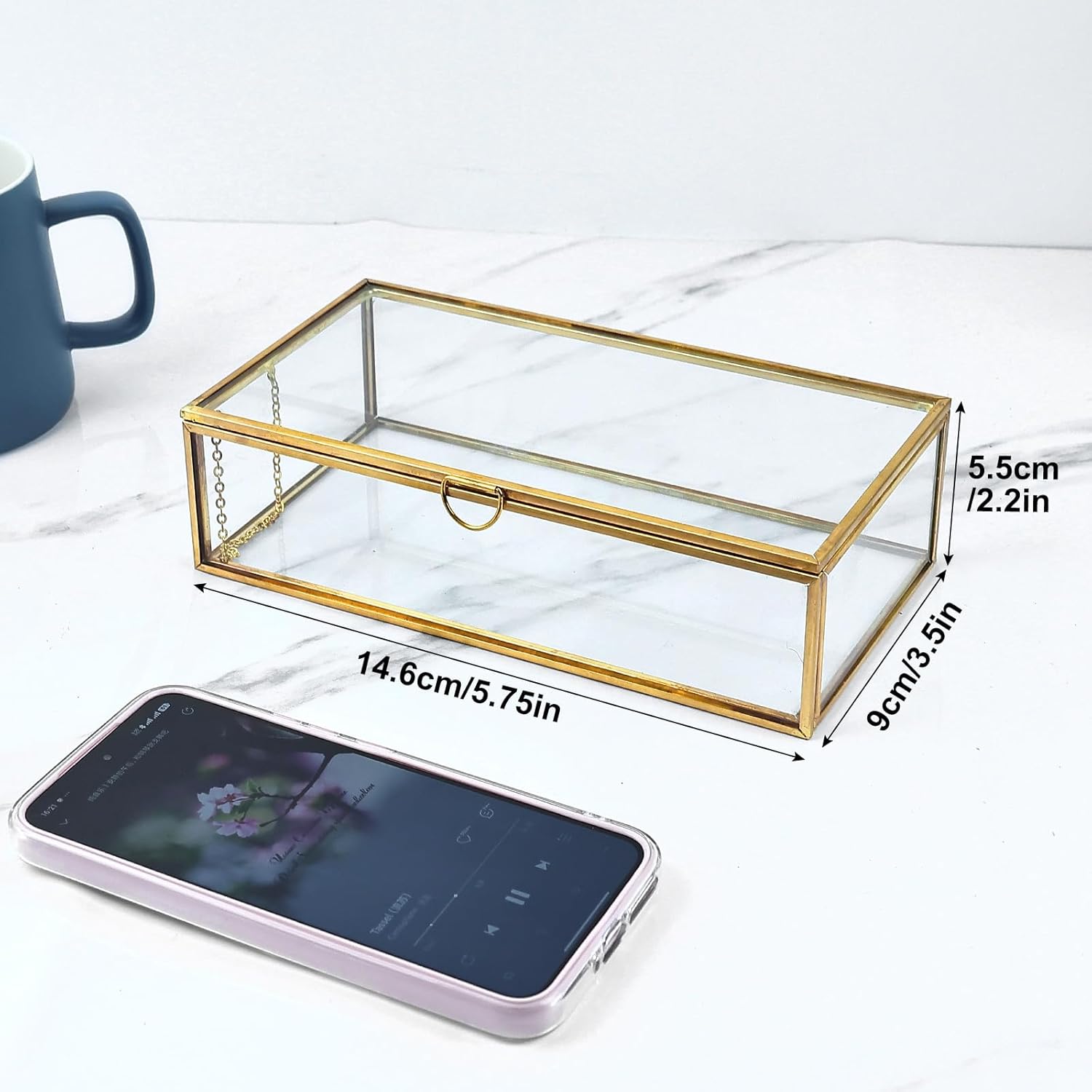 HighFree Vintage Glass Box with Lid - Clear Jewelry Glass Display Box Keepsake Box - Home Decor Decorative Box for Trinket Rings Bracelet (Gold, Medium)