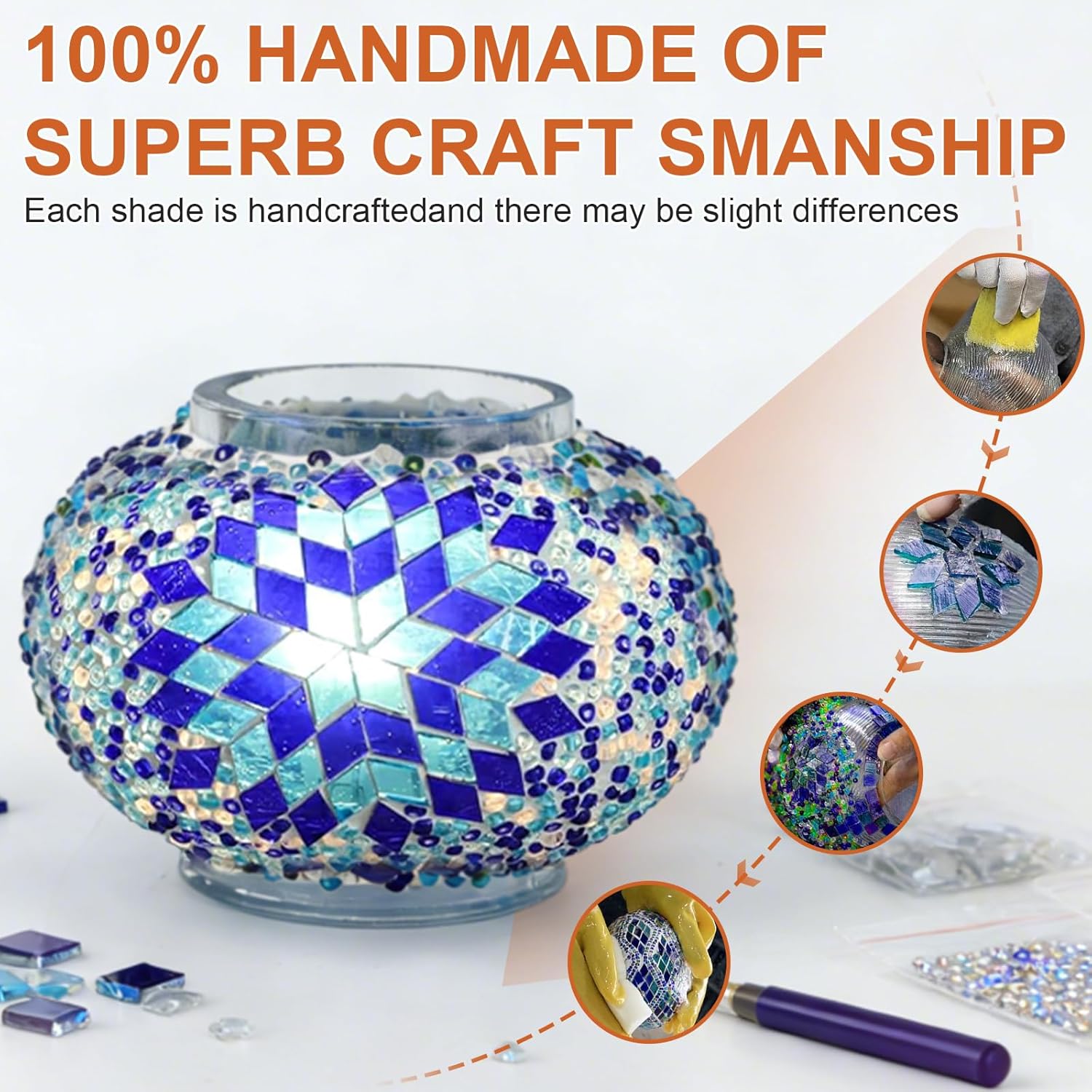 Longzhuo Turkish Mosaic Lamp Kit DIY Sachet Placement on Top Stained Glass Decorative Table Bedside Night Light Tabletop Bohemian Morrocan Lamp Crfat Kit for Living Room Decorations, Blue
