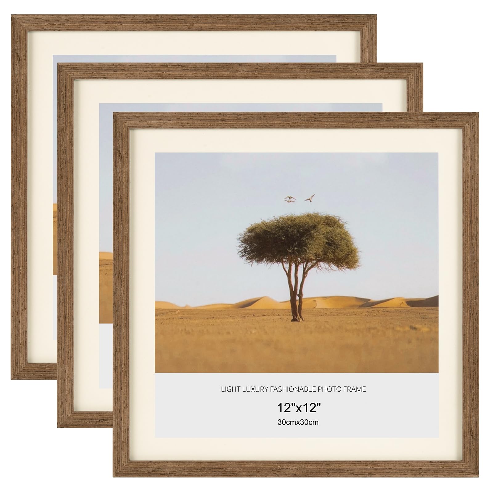 3 Pack 12x12 Square Picture Frame, 100% Solid Wood Photo Frame, Clear Perspex, 30x30cm, Wall Mounted for Photo Poster Home Office Gallery Decor