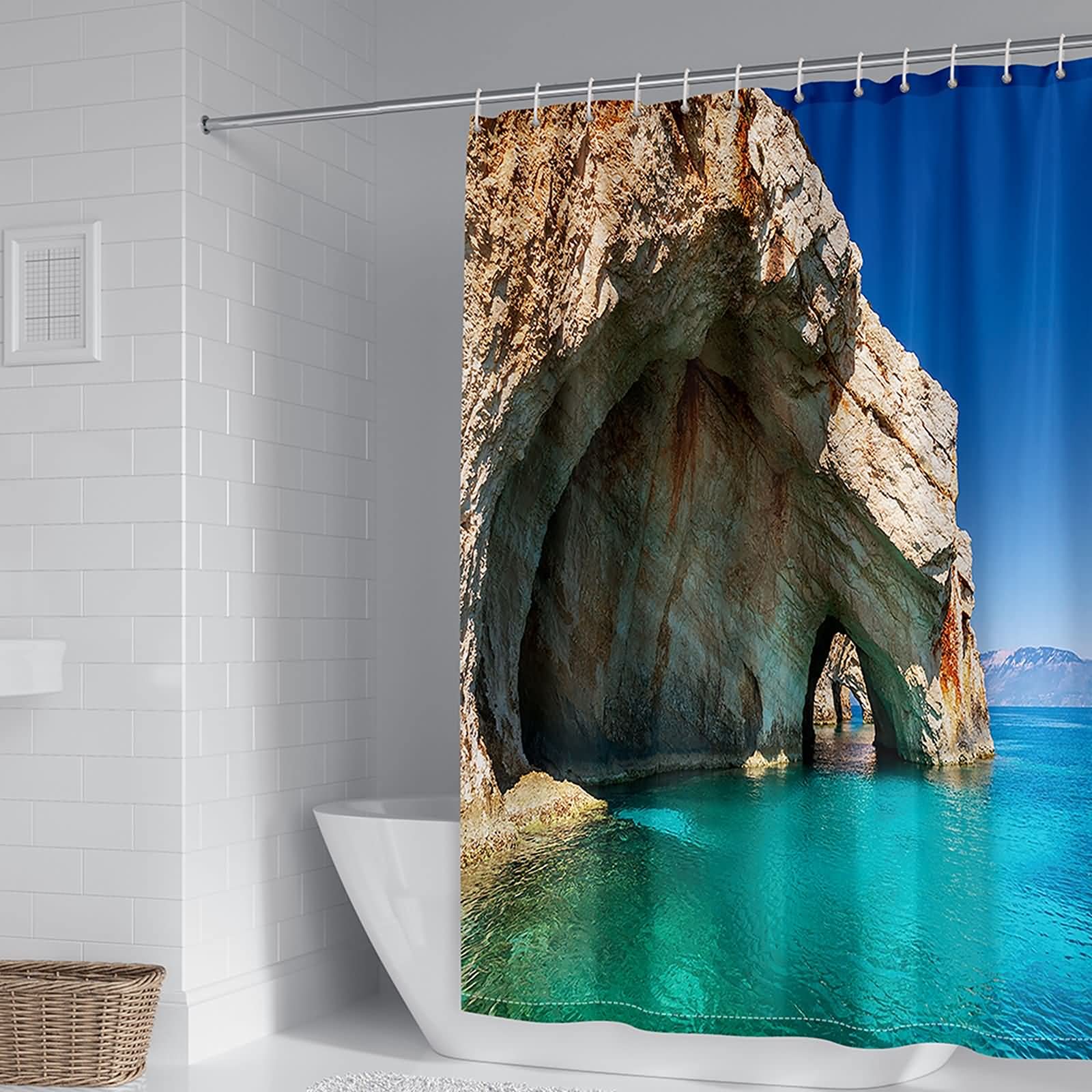 Rideau de douche 180x180cm en polyester marron et bleu KnSam Falaise et Mer