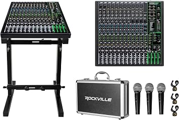 Mackie ProFX16v3 Effects Mixer w/USB Bundle with Rockville RXS20 Portable Mixer Stand - Adjustable Height and Width! and RMC-3PK 3 Pack Vocal/Instrument/DJ Mics