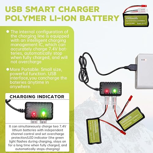 Miniatura 3 de Fytoo Batería de iones de litio de 7.4 V 3000 mAh 15C 2S con enchufe JST-2P con cargador 2 en 1 para UDIRC UD1601 UD1602 SG1603 RC Car 110, 112, 116