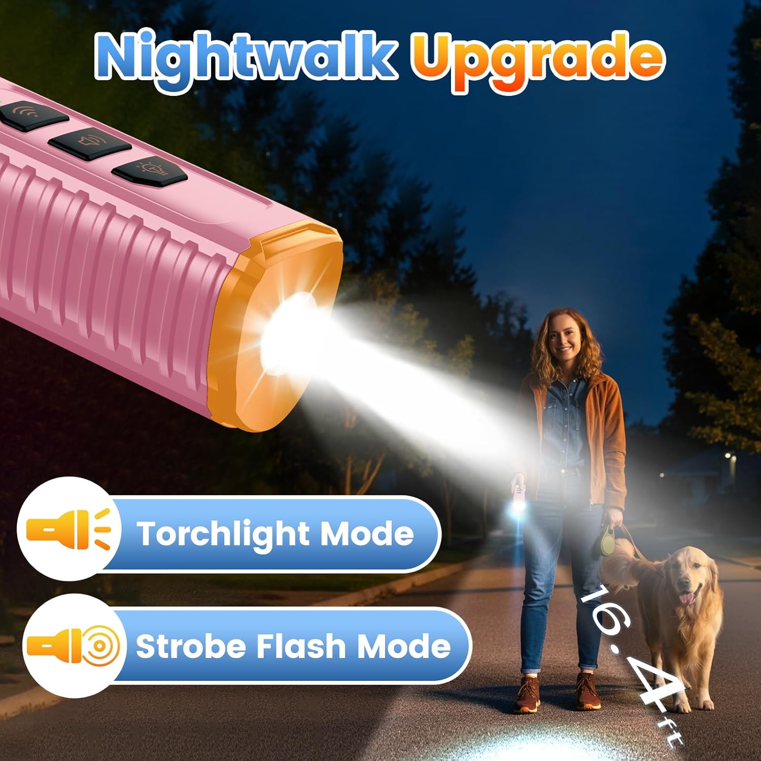 A person walking a golden retriever at night, illuminated by the flashlight of the Cbersmg Q3 device, showing 'Torchlight Mode' and 'Strobe Flash Mode' options.