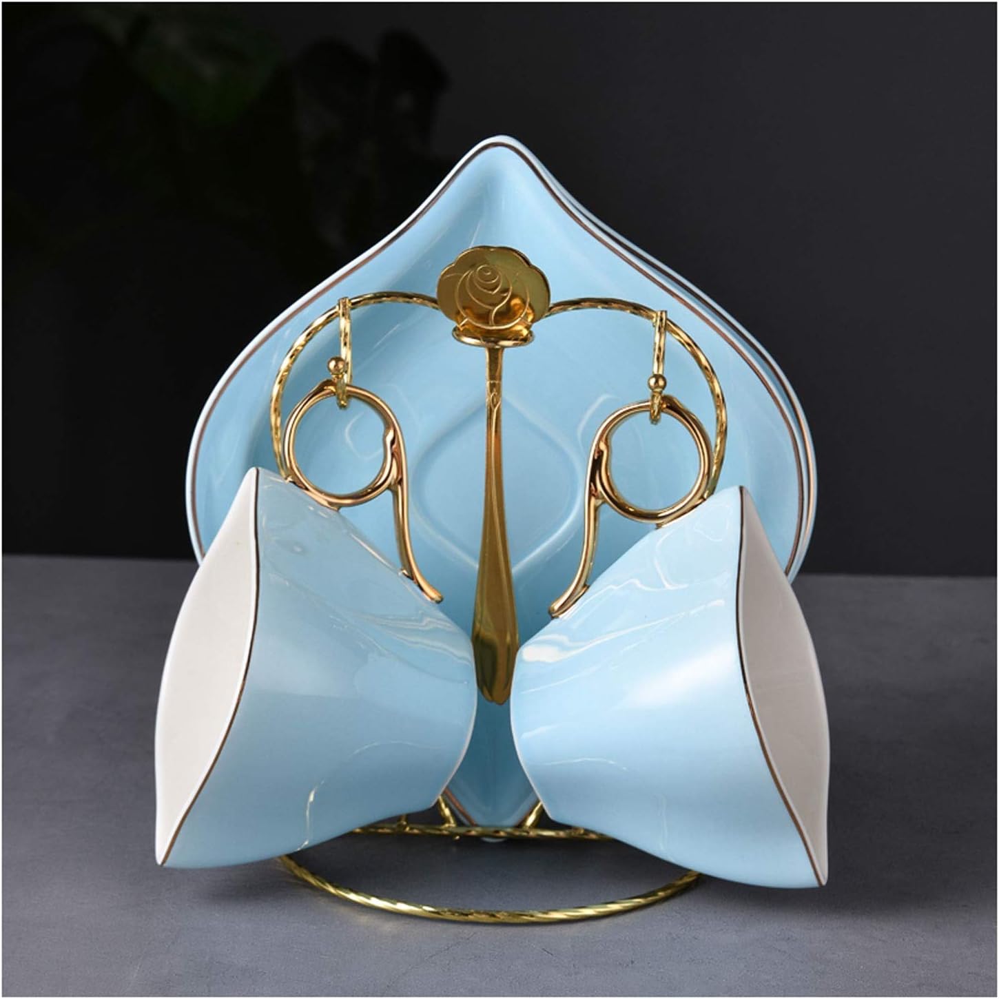 Coffee Cup Ceramics Espresso Cups with Saucers and Metal Cup Holder 6.8 Oz Cups Set of 2 Teacup for Tea Party Sets Tea Cup，Blue