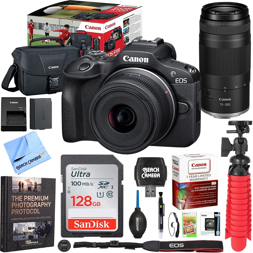 Canon EOS R100 Mirrorless Camera Double Zoom 2 Lens Kit RF-S 18-45mm and RF 75-300mm 6052C111 Bundle with Double Battery, Memory Card, Deluxe Case and Mini Tripod & Accessories