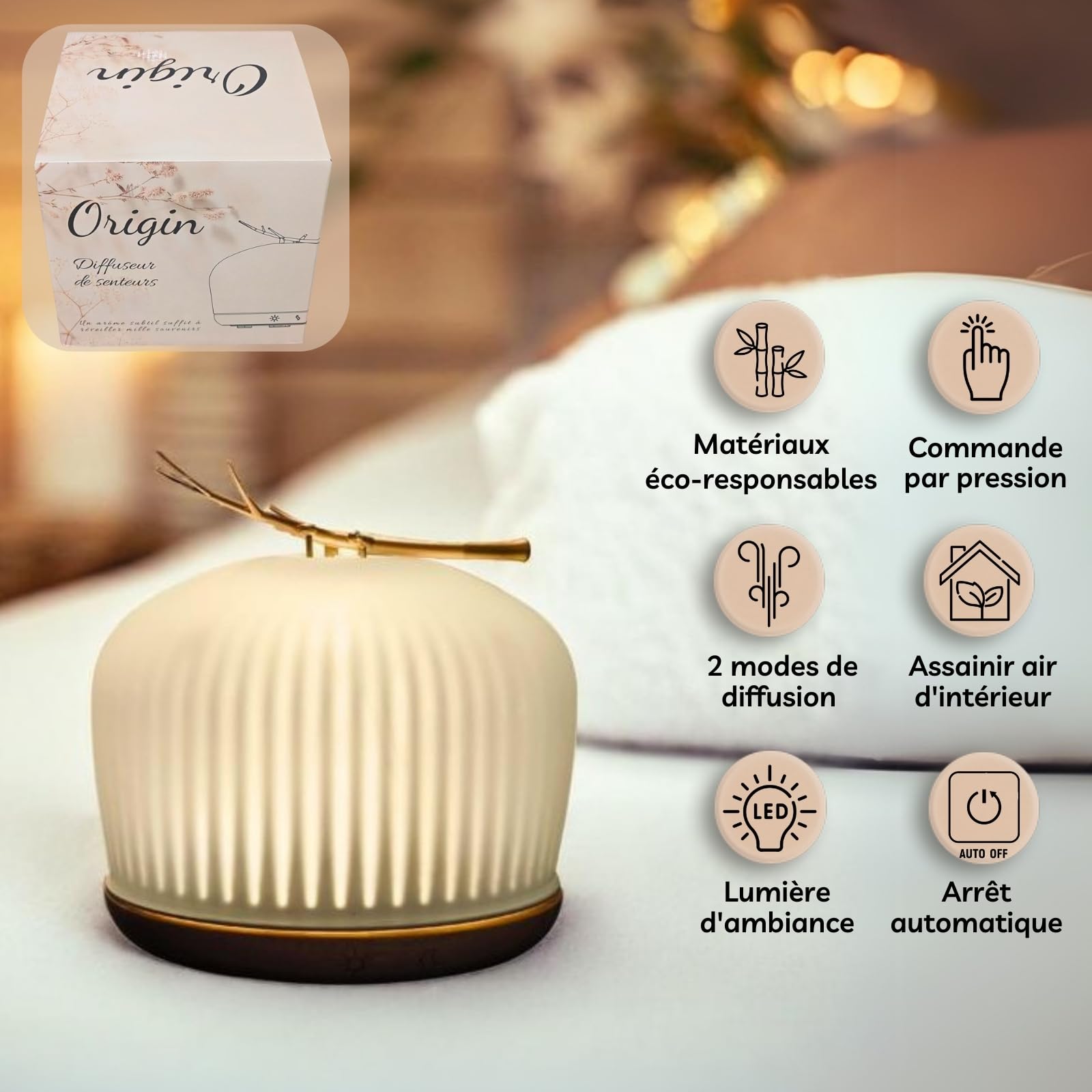 Zen’Arôme Diffuseur d’Huile Essentielle Origin – Diffuseur Ultrasonique Aromathérapie à Froid – Diffuseur Électrique pour Parfum Maison – Multifonction, Éclairage LED d’Ambiance, Silencieux et Chic