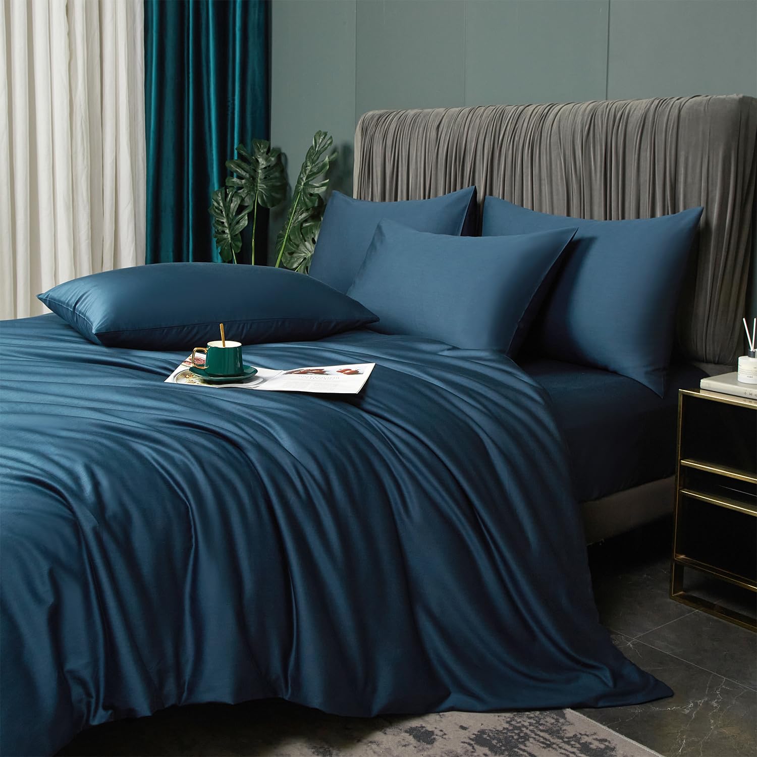 Luofanfei Bambus Bettwäsche 135x200 cm Petrol Blau Sommer Kühlende Uni Bambusfasern Lyocell Glänzend Bettwäsche Set Atmungsaktiv Bamboo Zweiteilig Bettbezug 135 200 Einzelbett mit Reissverschluss