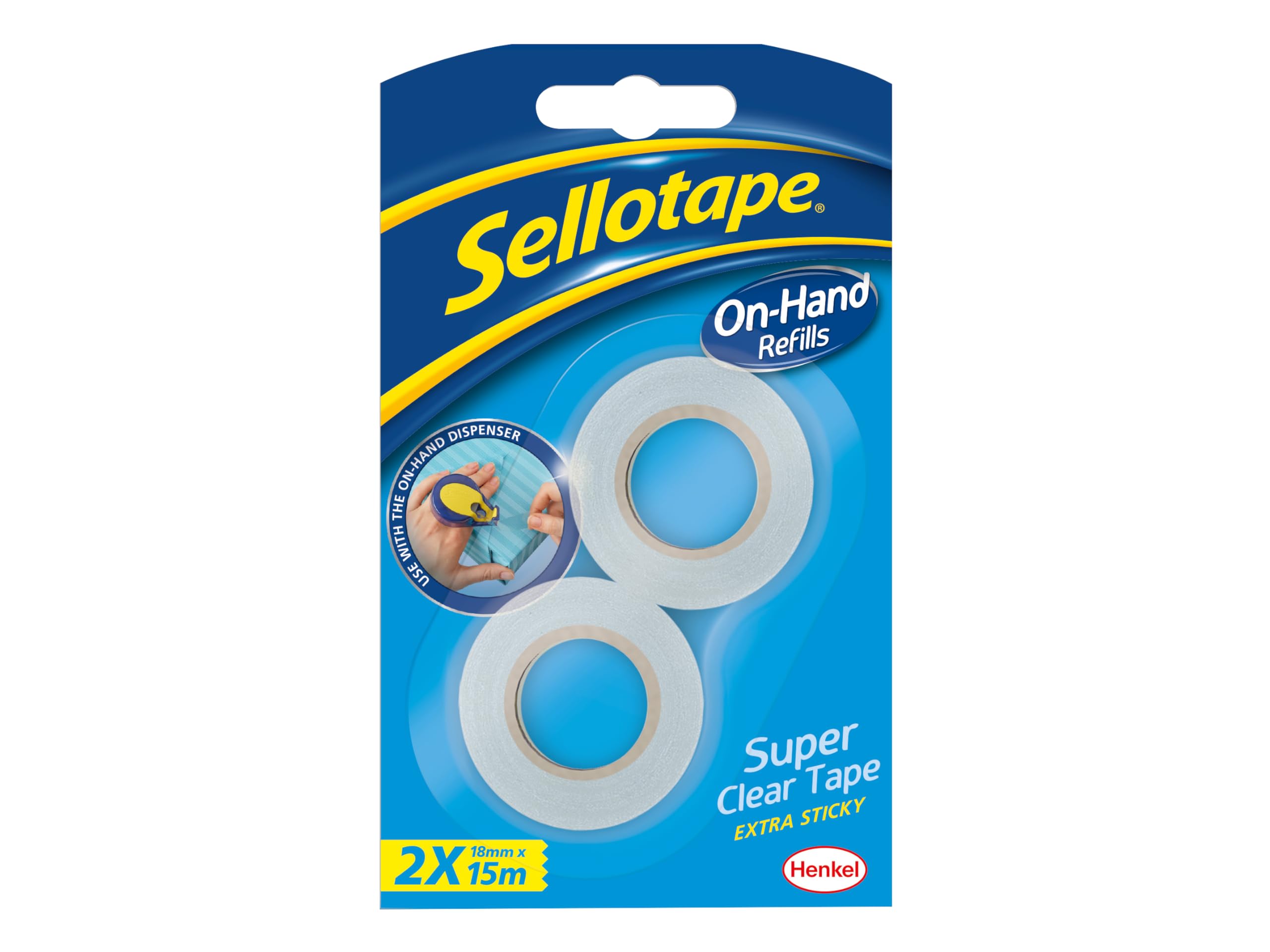SellotapeOn-Hand Refills, Extra Strong Adhesive Tape, Clear Tape Refills for Arts & Crafts, Strong Tape for the On-Hand Tape Dispenser, Pack of 2 (18 mm x 15 m)