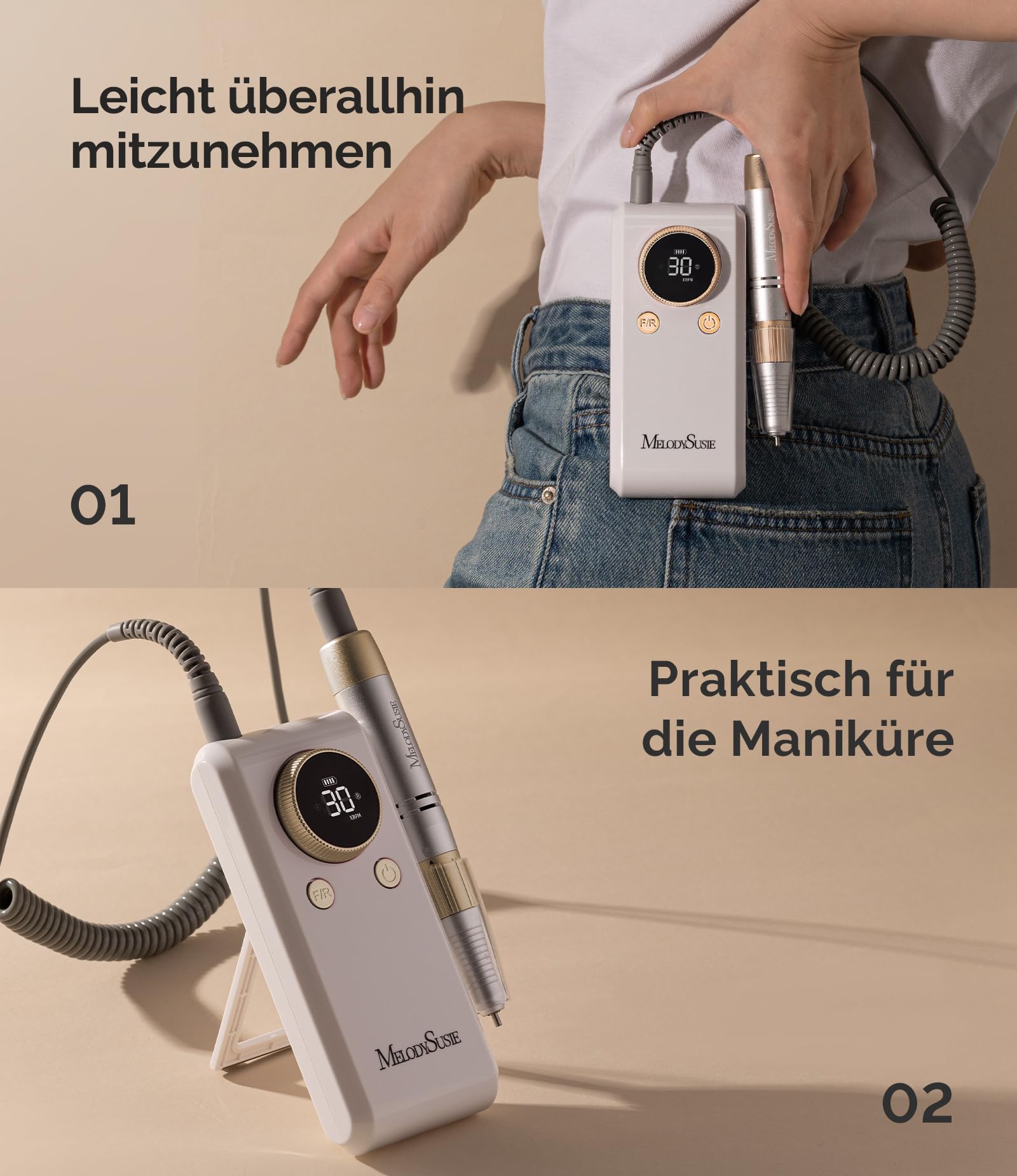 MelodySusie SC330G 2-in-1 Nagelfräser für Clip-on- und Tischgebrauch: Wiederaufladbare Professionelle Elektrische Nagelfeile mit LED-Anzeige, 30.000 U/min, für Acryl- & Gelnägel, für Salon (Weißgold)
