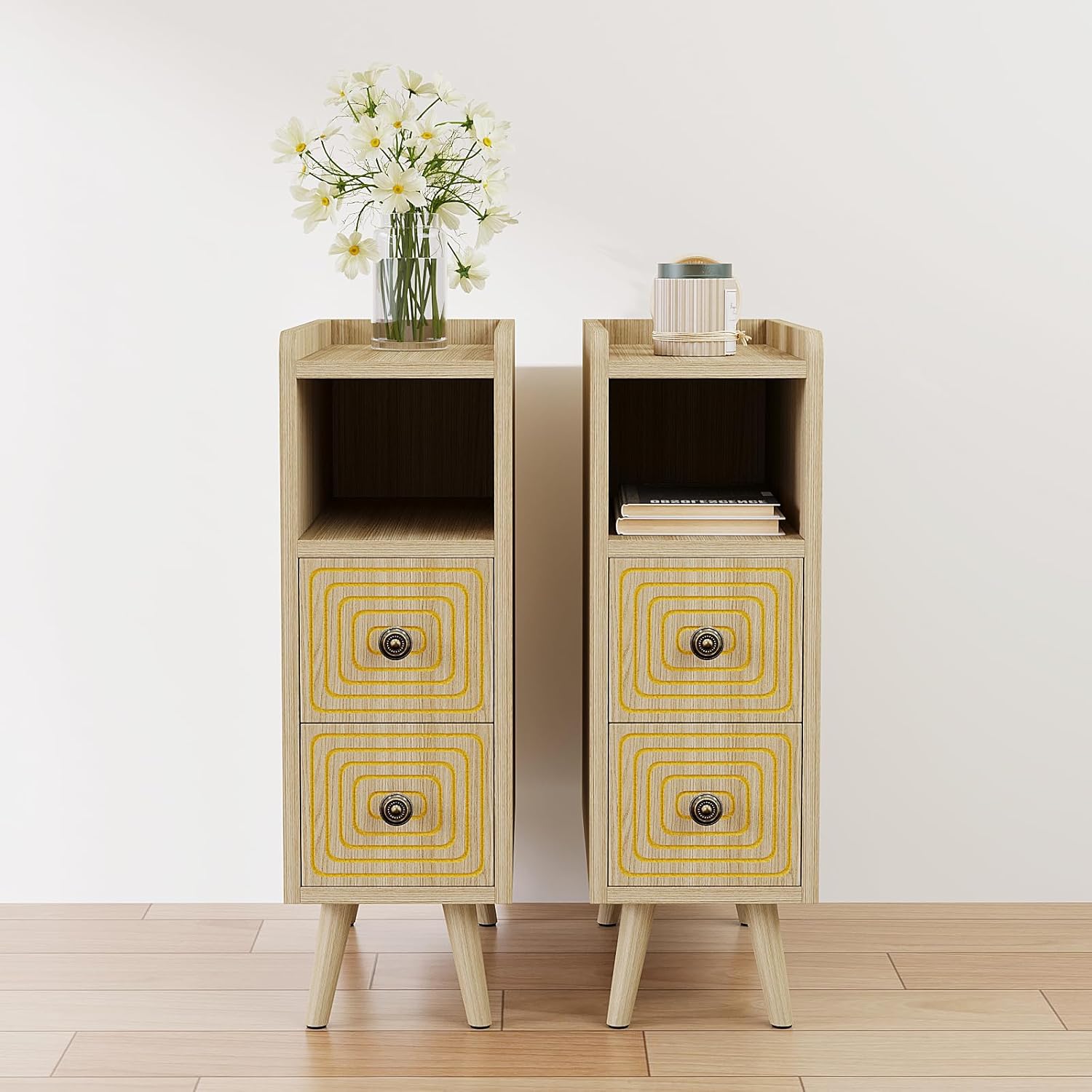 Night Stand Set 2,Modern Minimalist Bedroom Side Table with Two Carved Drawers and One Open Top Storage Compartment,Suitable for Bedroom,Living Room (Night Stand-Wood color-01)