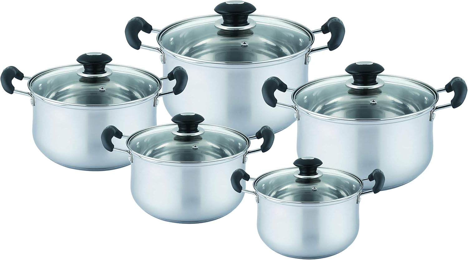 Unwiare High Quality 18/10 Stainless Steel Sauce Pot Set, 1.75 QT, 2.5 QT, 3.5 QT, 4.5 QT and 5.5 QT (Glass Lid)