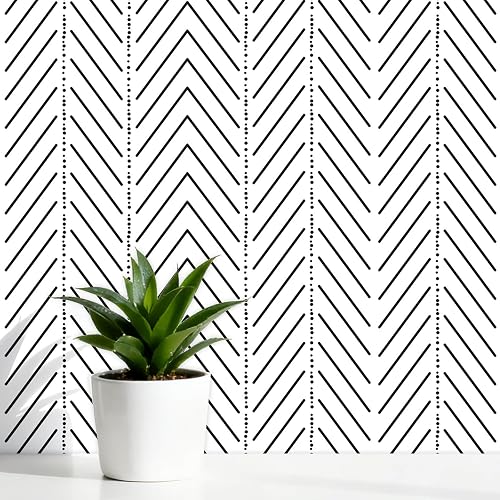 Black and White Wallpaper Striped Contact Paper Modern Wall Paper Peel and Stick Herringbone Renter Friendly Self-Adhesive Waterproof Removable Bathroom Bedroom Vinyl 17.3" x 393"
