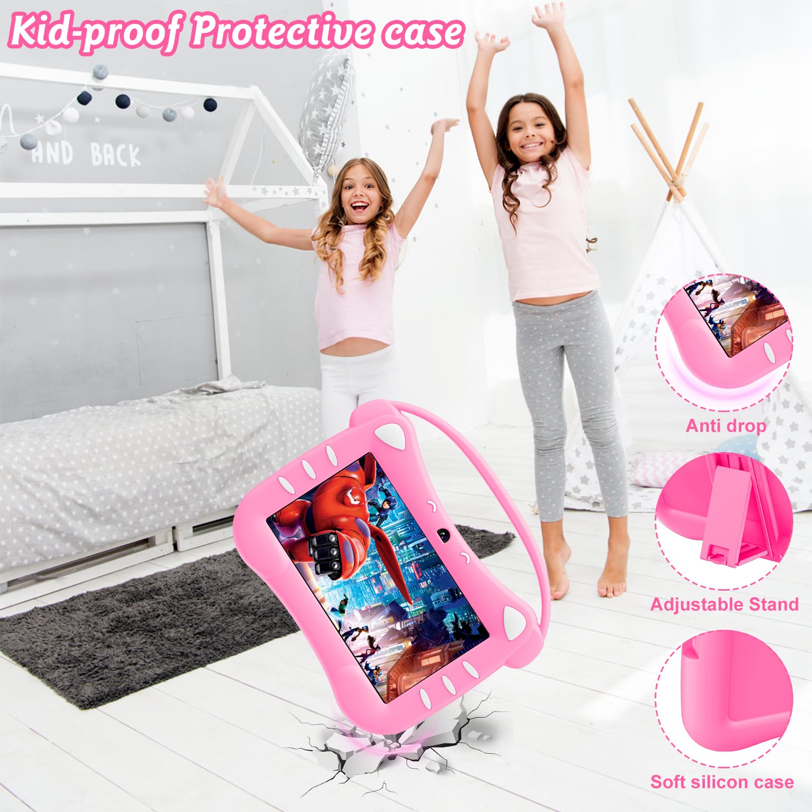 Tablet para Niños 7 Pulgadas Android Tableta Infantil con WiFi Bluetooth Doble Cámara Control Parental 32GB ROM Tablet Niños con Estuche Protector (Magenta)