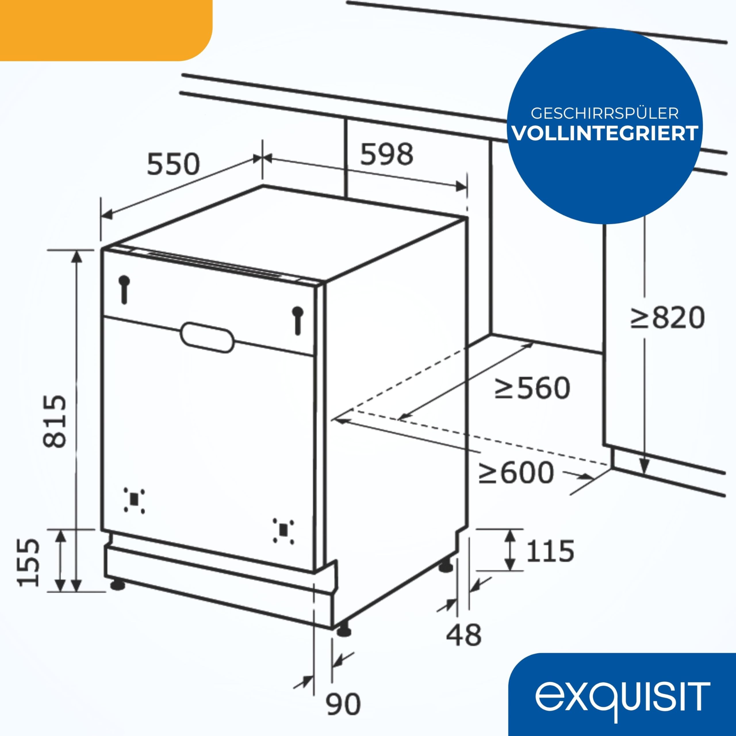 Exquisit Einbaugeschirrspüler 60cm Vollintegriert - 14 Maßgedecke & Inox | Besteckschublade, LED-Bodenlicht, Aquastop, 8 Spülprogramme, Automatischer Türöffner EGSP9614-E-031B, 24h Startzeitvorwahl