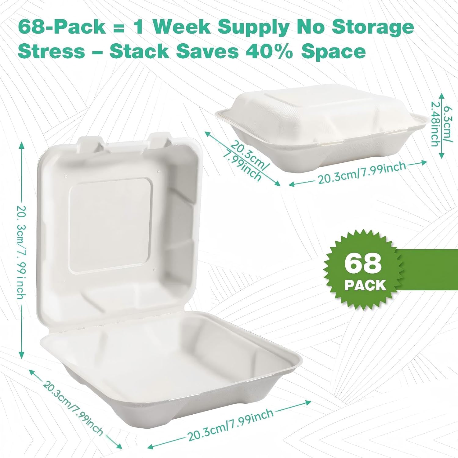 8×8", 68-Pack Disposable Clamshell Take Out Food Containers, Biodegradable Paper To Go Boxes for Burgers, Sandwiches, Fries & More (White)