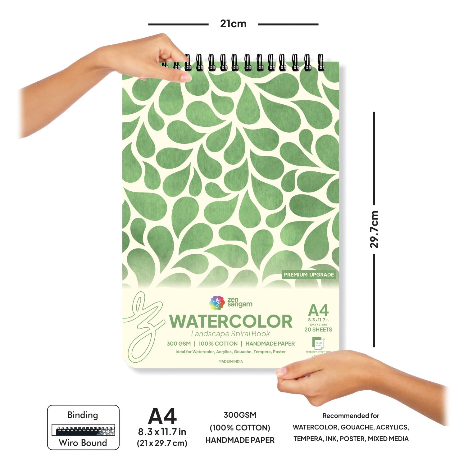 Zen Sangam A4 Spiral Watercolor Book | 300 GSM 100% Cotton | Handmade Papers | Size (29.7x21cm) | Landscape | 20 Sheets (40 Pages) for Beginners and Self Taught Artists - Calligraphy Sketchbook — Amazon image 2