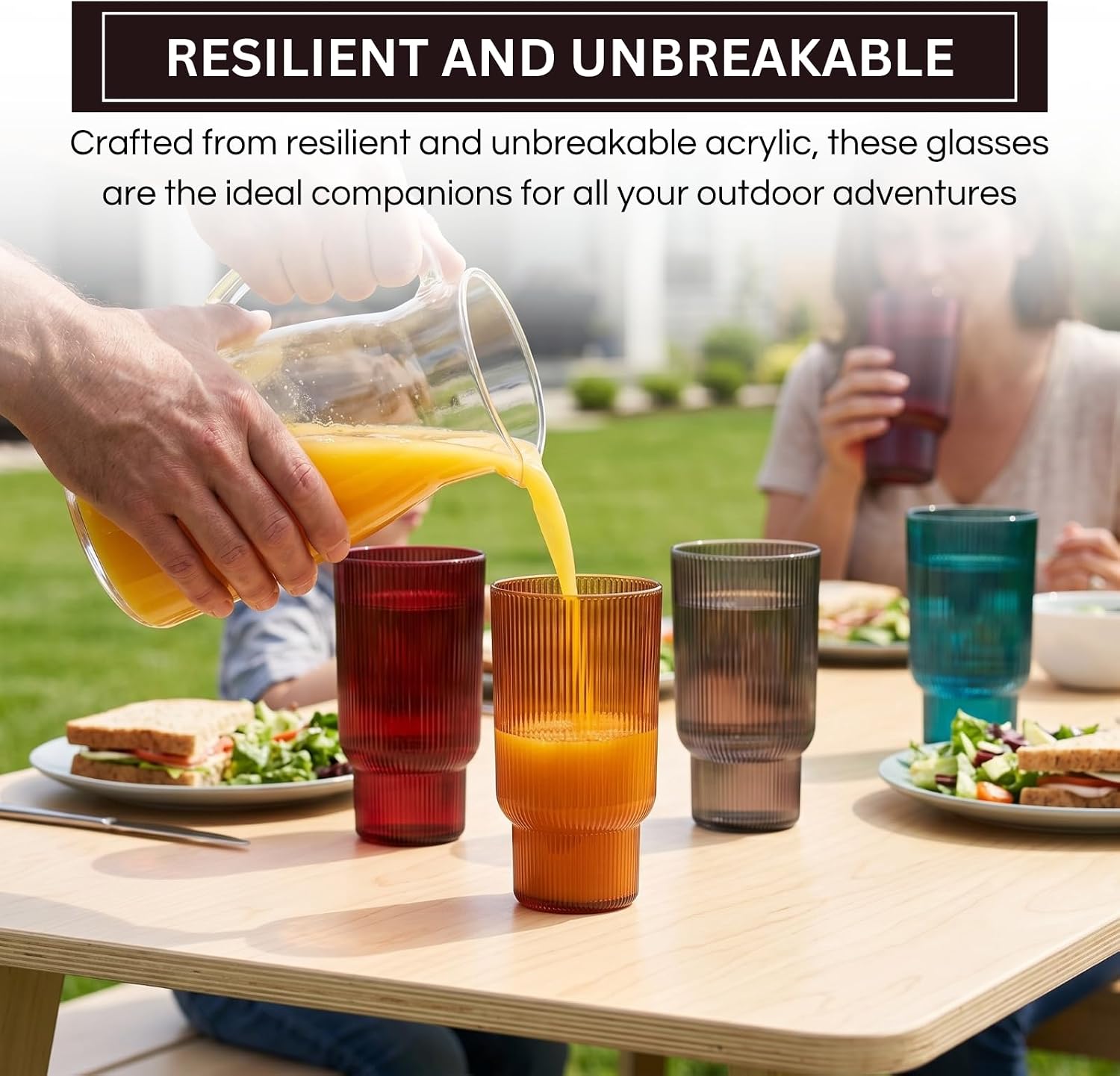 Khen Shatterproof Acrylic Tall Drinking Glasses Set, European Style, Dishwasher Safe, Ribbed | Set of 4 | Fluted Tritan Drinkware, Unbreakable BPA-free Plastic, Reusable Stackable Glassware 14.5oz