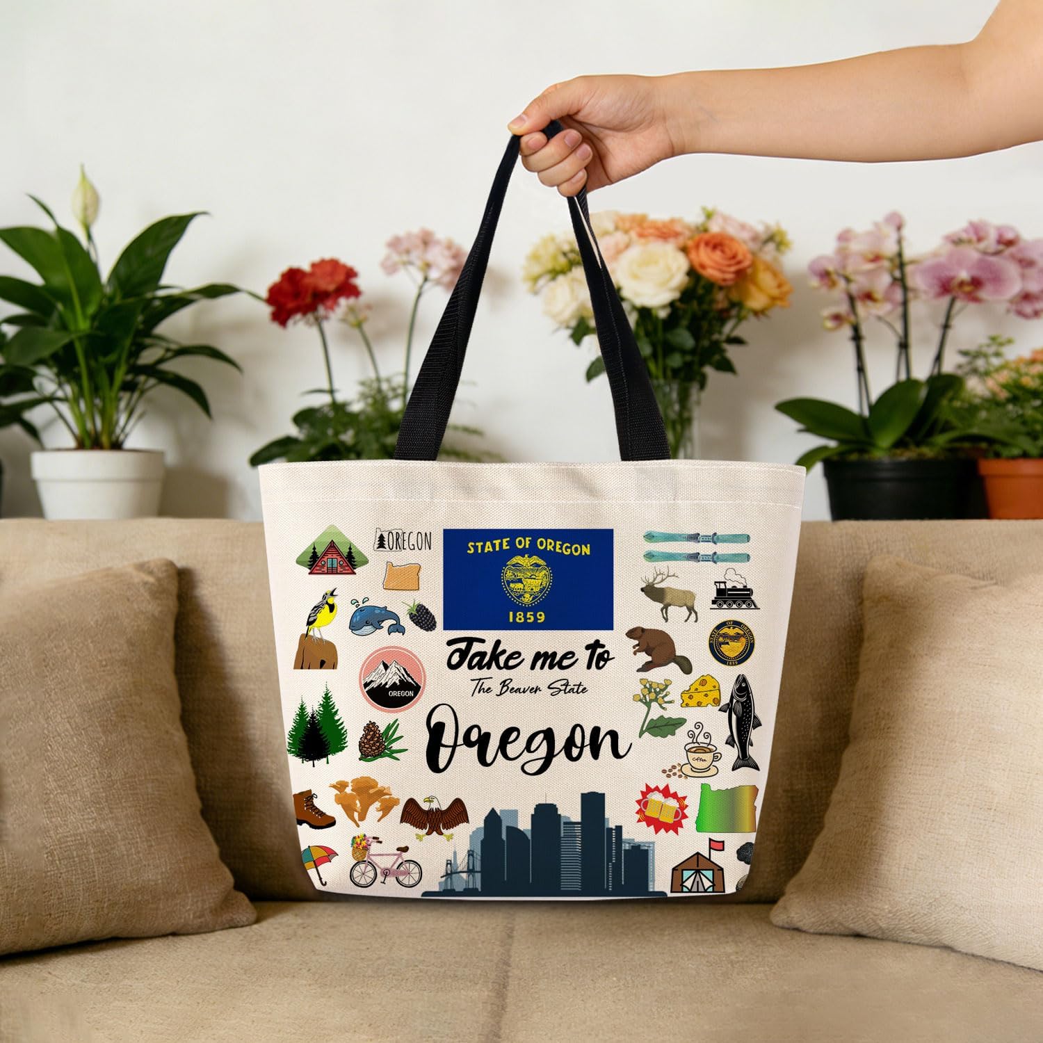 Take Me To Oregon Tote Bag Reusable Grocery Bags Aesthetic Shopping Shoulder Handbag with Interior Pocket Lightweight & Washable Stylish Oregon Travel Present for Women