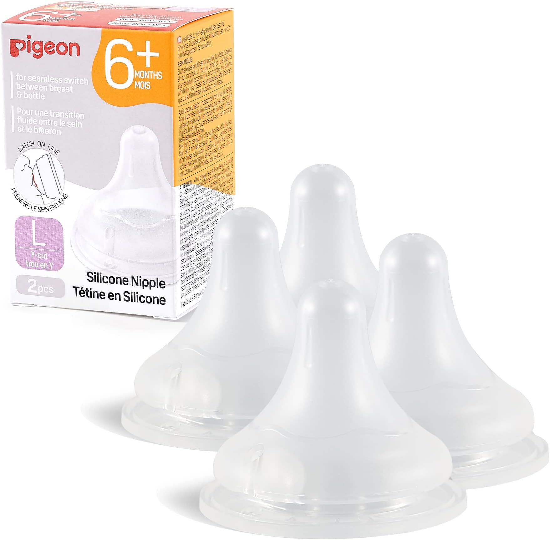 Pigeon Silicone Nipple (L) with Latch-On Line, Natural Feel, 6+ Months, 4 Counts
