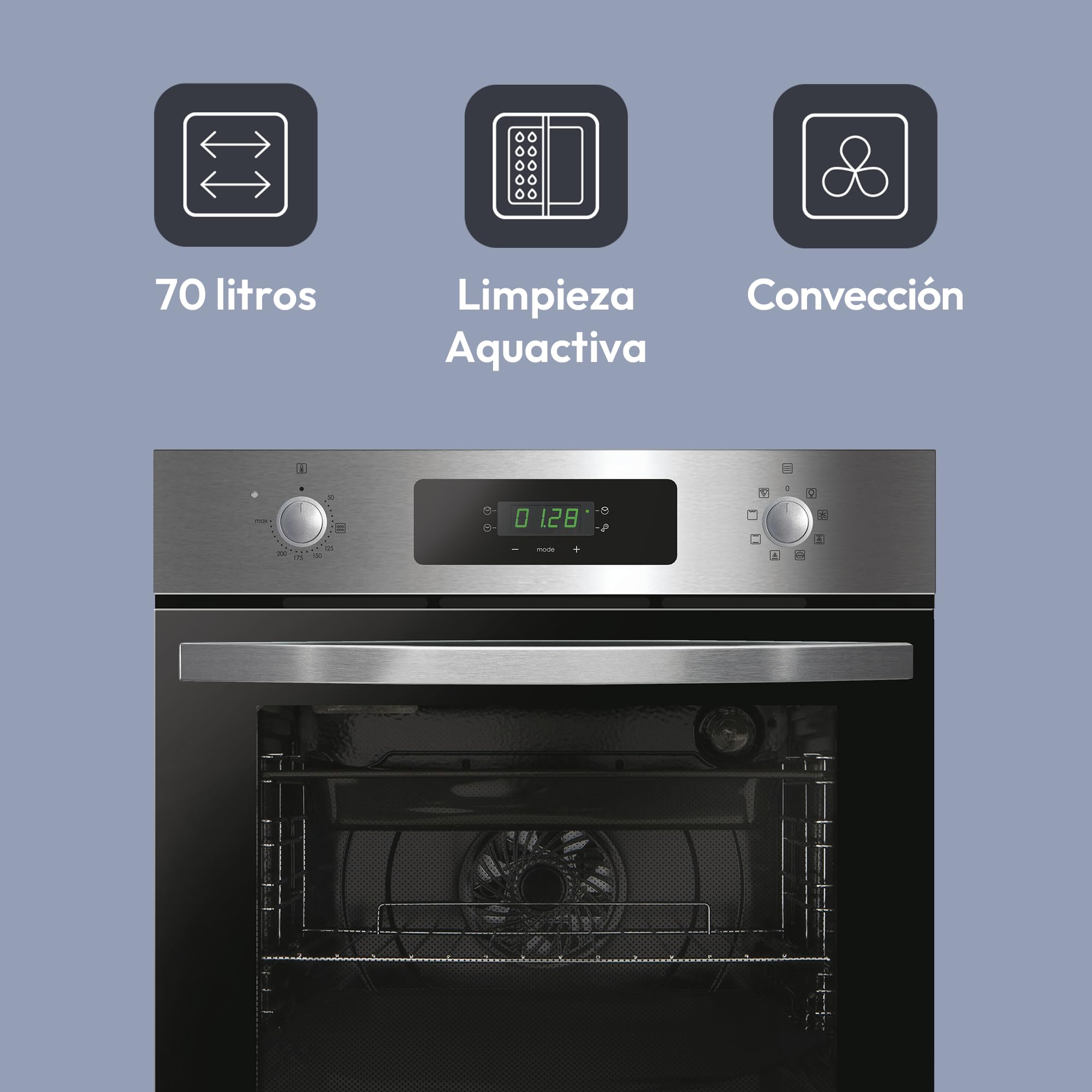 Candy Idea FIDC X625 L, Horno Multifunción, 70L, Limpieza Aquactiva, 1 Bandeja y 2 Rejillas, Guía Telescópica, 8 Funciones, Display Timer Touch, Mandos Push&Pull, Puerta 2 Cristales, Inox y Negro